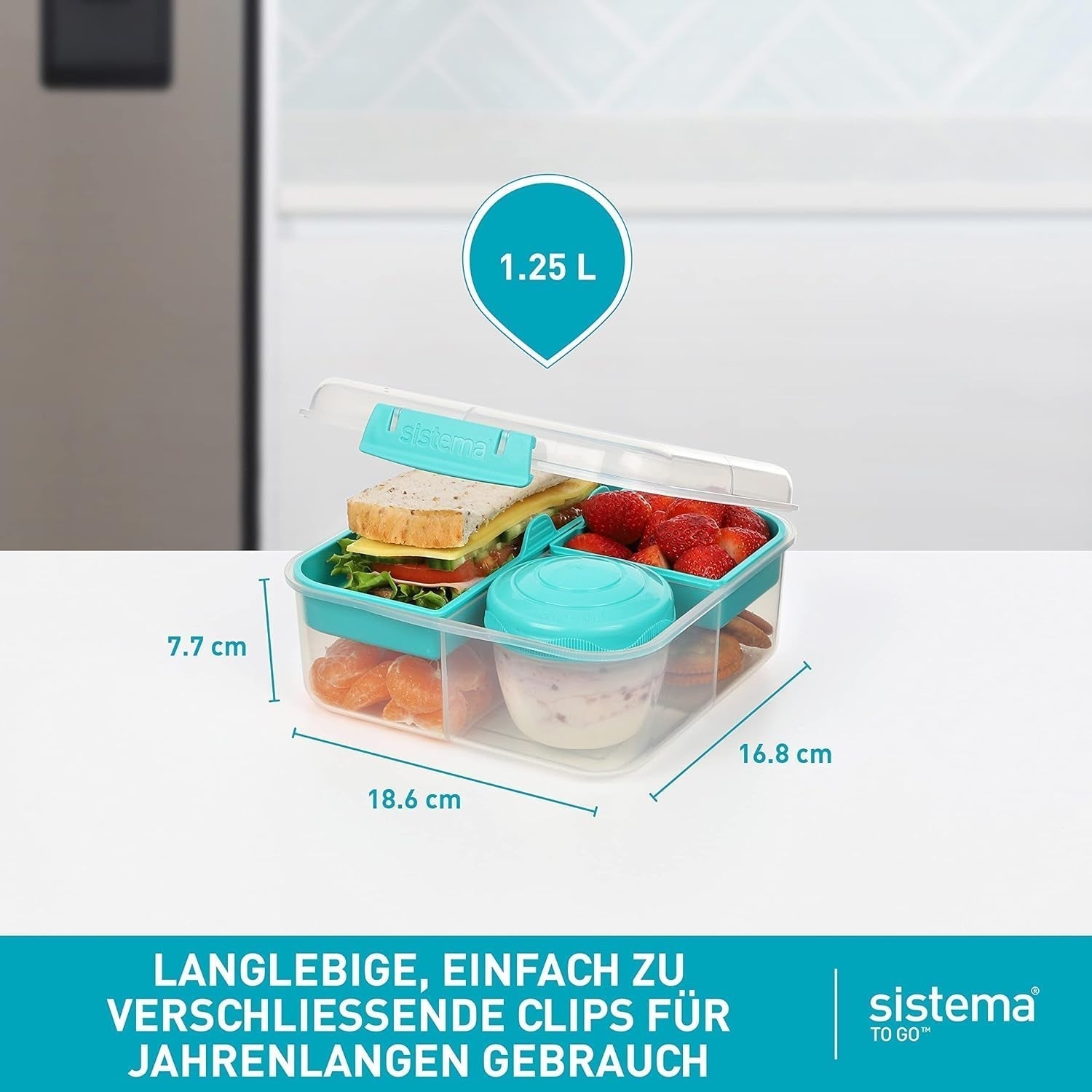 Bento Box TO GO Lunchbox-System mit Fächern | 1,25 L Lunchbox mit Joghurt-/Obstbehälter | für Kinder und Erwachsene l | BPA-freies Minty Teal [21685-8T], mintgrüne Frischhaltedosen von Naty Shop