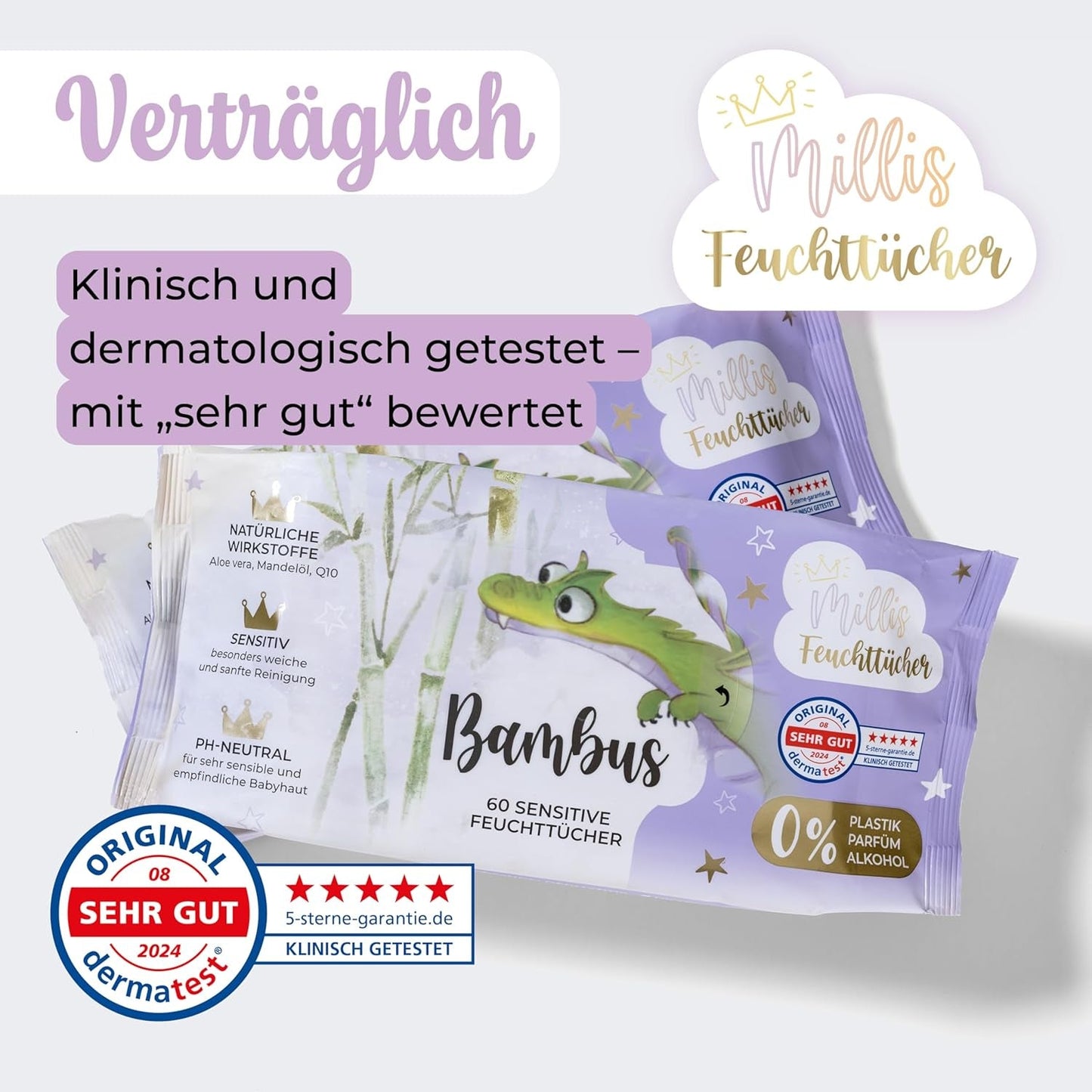 Millis Bamboo Baby Sensitive Feuchttücher für zarte Babyhaut – 5 x 60 Stück – Natürliche, sanfte und nachhaltige Reinigung – Biologisch abbaubare Babytücher, plastikfrei und alkoholfrei