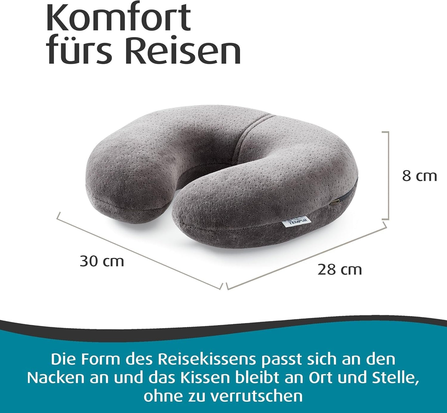 TEMPUR Transit-Reisekissen, bequemes viskoelastisches Nackenkissenmaterial, ideal für Reisen mit Bus, Bahn, Auto oder Flugzeug, 30 x 28 x 8 cm
