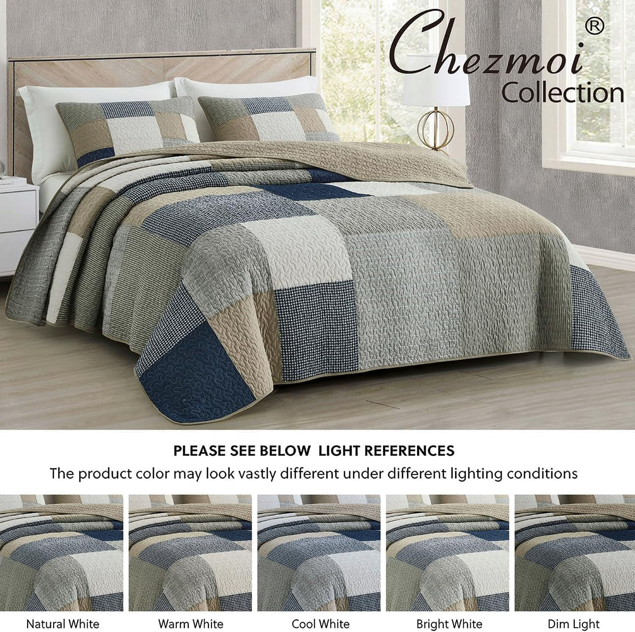 Chezmoi Collection Addy Patchwork-Steppdecken-Set, vorgewaschene Baumwolle, leicht, wendbar, für alle Jahreszeiten, übergroß, 3-teilig, Marineblau, Weiß, Grau, Taupe, karierte Steppdecken und Steppdecken, Naty Shop