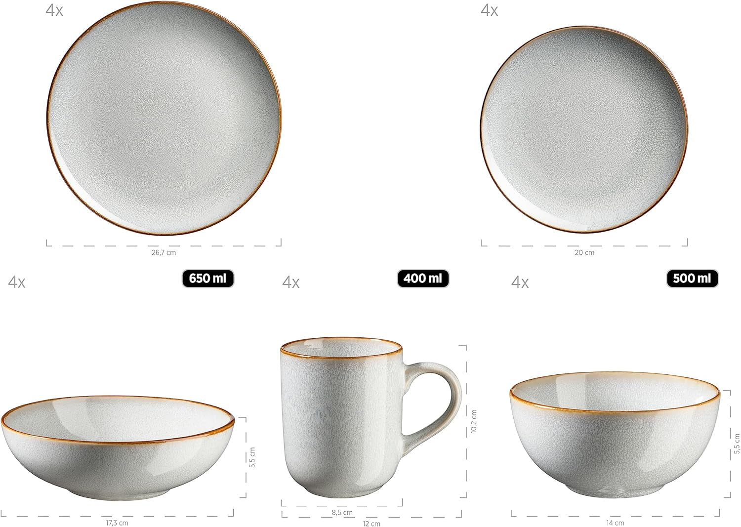 MÄSER Mabella, Vintage-Geschirrset für 4 Personen, 20-teiliges Kombiservice mit raffinierter Reaktivglasur und feinem braunem Rand, Steingut, Grau-Beige
