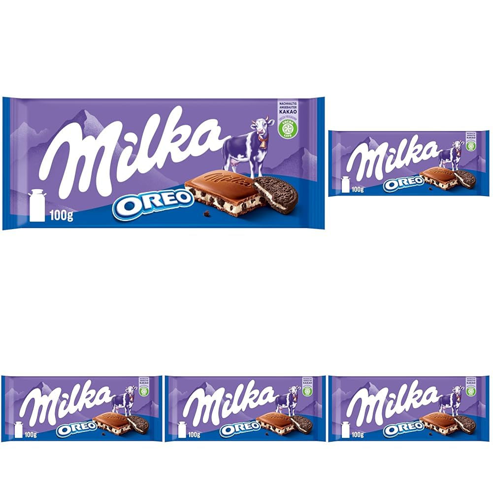 Milka Oreo – Alpenmilchschokolade gefüllt mit knusprigen Oreo-Keksstückchen und zarter Vanillecreme – 100g