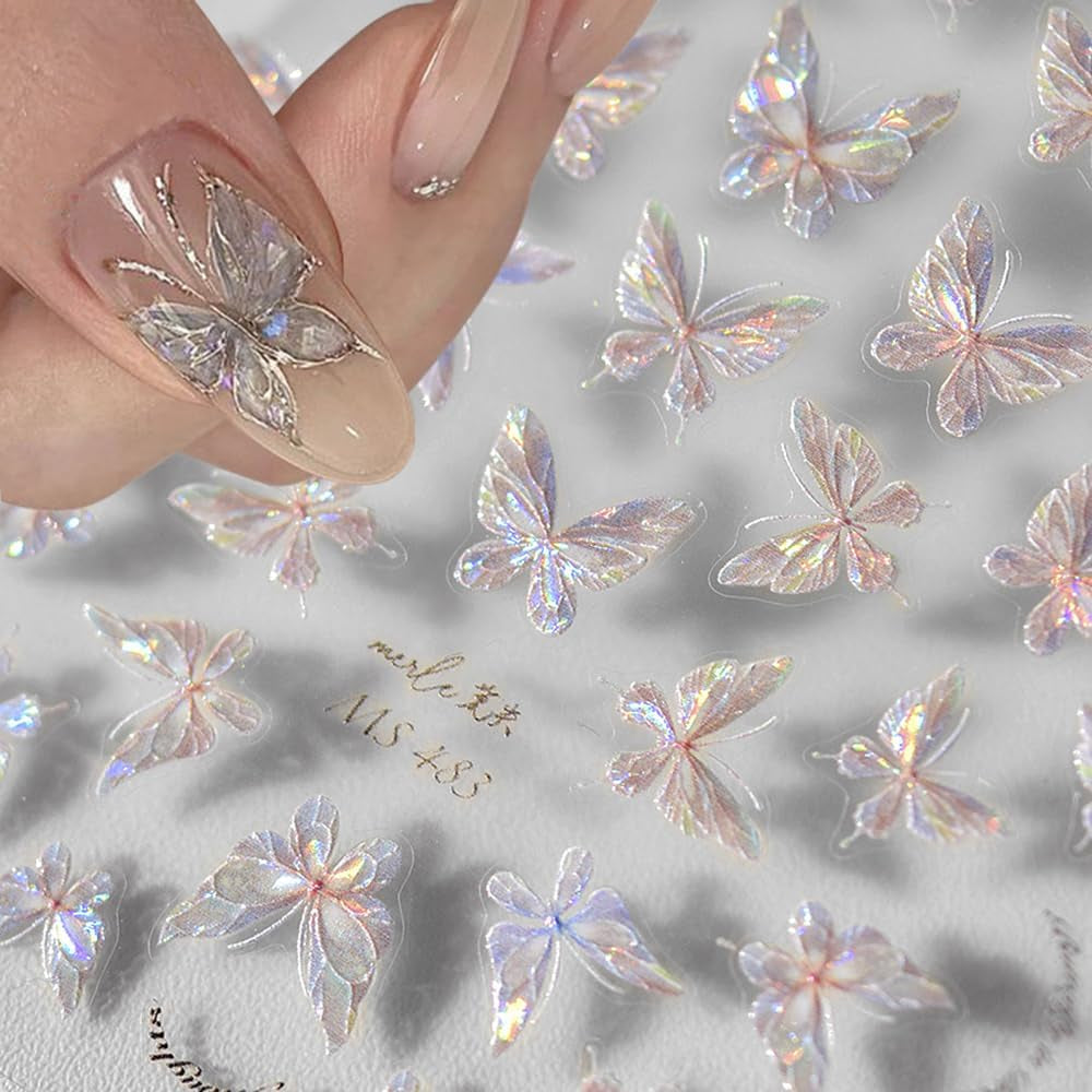 Aurora Shell Schmetterling Nagelsticker Selbstklebend,Erleichterung Schmetterlinge Nail Sticker Rosa Laser Schmetterling Nagelaufkleber Für Frauen Nageldesign Zubehör Nagel Zubehör Nail Art