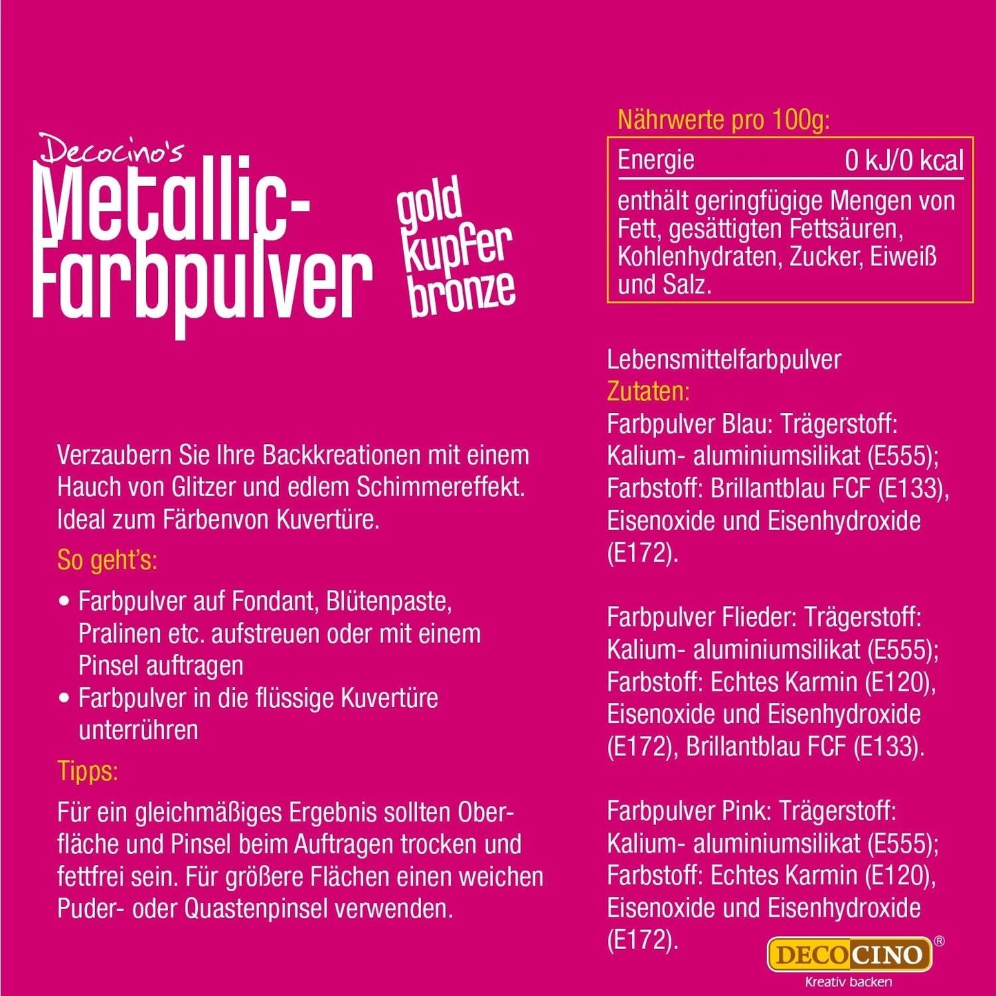 DECOCINO Metallic-Pastell-Farbpulver (3X2G) – Blau, Flieder und Rosa – Lebensmittelfarbpulver – Glitzerpulver geeignet für Fondant als Kuchendekoration und Kuchendekoration!