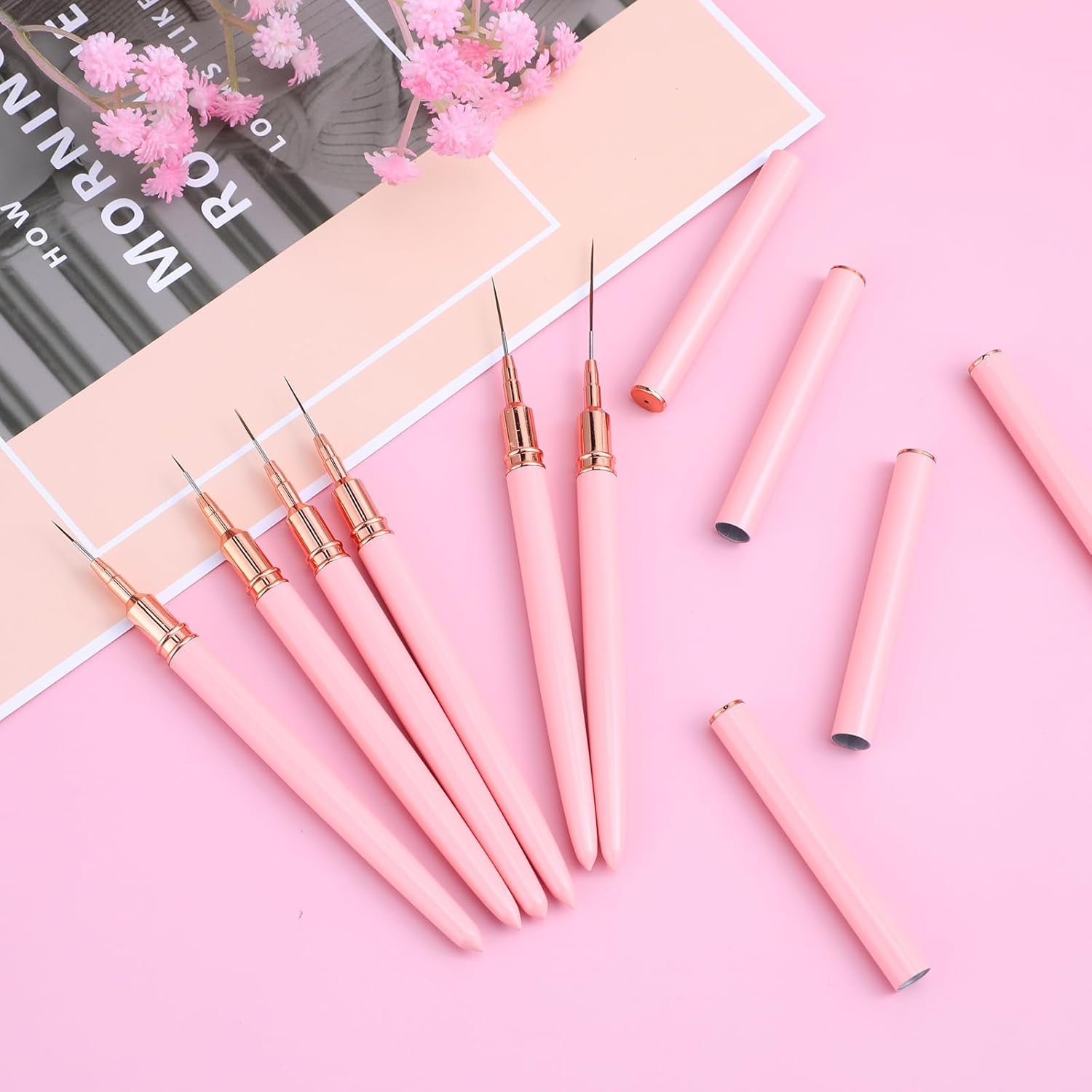 6 Stück Liner Nailart Pinsel Nageldesign Pinsel Set Dünn Acryl Nagelpunkt-Zeichenwerkzeug Nägel Dünne Nagelpinsel Set Für Lange Linien, Dünne Details, Feines Zichnen 5/7/9/11/15/25 Mm (Rosa)