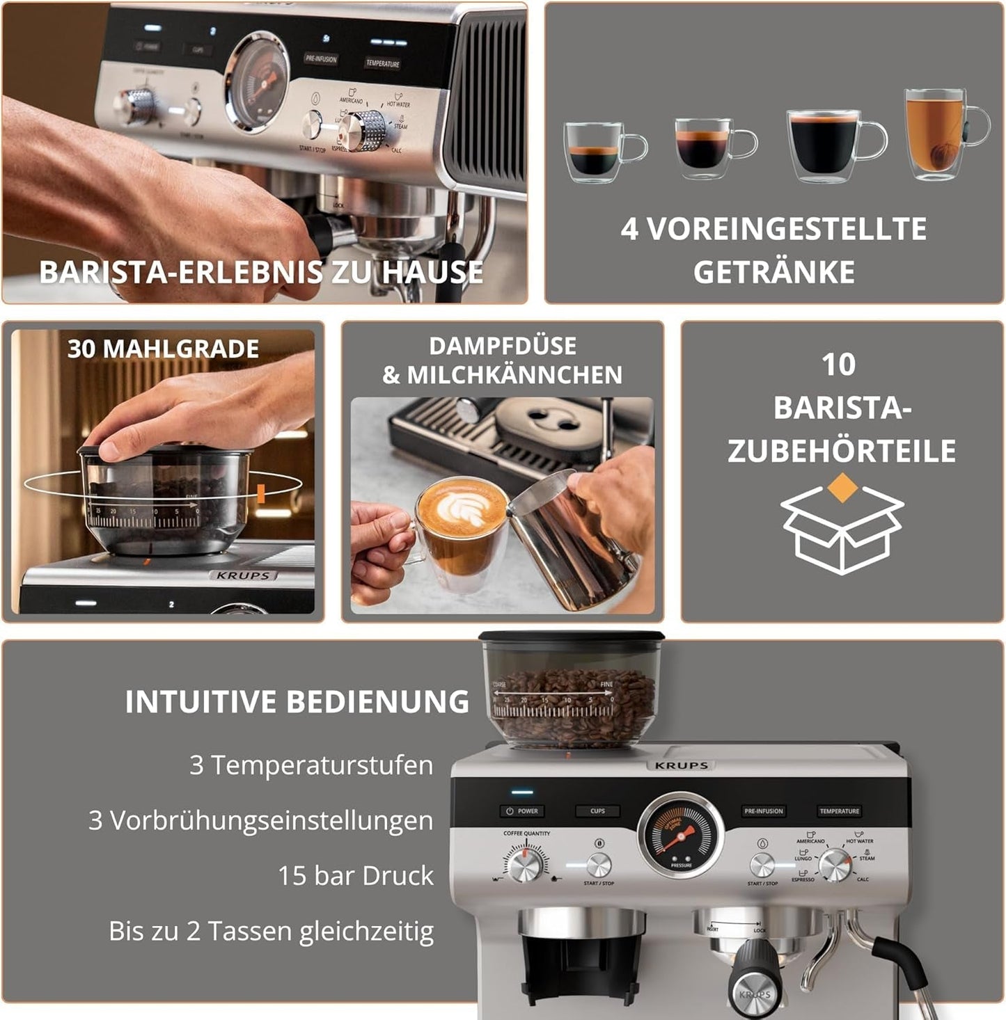 Krups Precision manuelle Espressomaschine mit Siebträger und Mahlwerk, Barista-Kaffeemaschine mit intuitivem Bedienfeld, Vorbrüheinstellungen, Espressomaschine mit Dampfdüse, schnelles Aufheizen, XP801T10