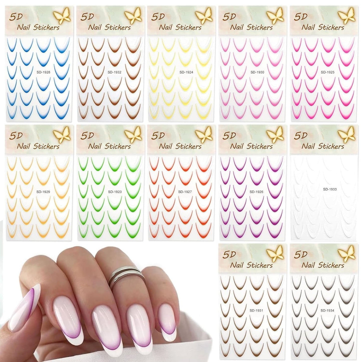 12 Stück French Tip Nagelsticker Selbstklebend Bunte French Nails Schablone Nagelaufkleber Nail Art Sticker Nageldesign DIY Nägel Zubehör(12 Farben)
