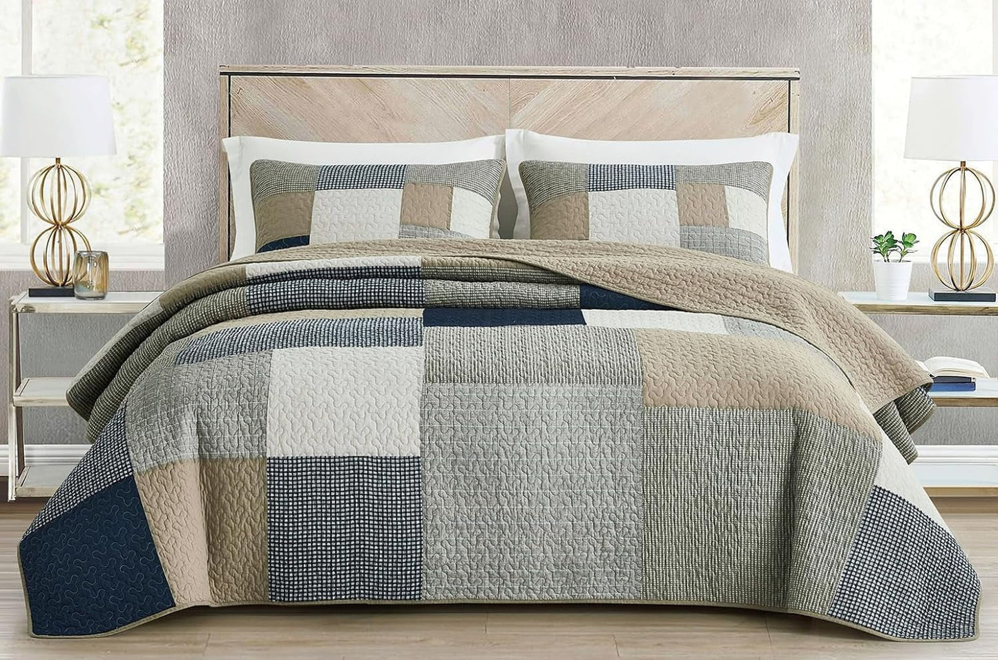 Chezmoi Collection Addy Patchwork-Steppdecken-Set, vorgewaschene Baumwolle, leicht, wendbar, für alle Jahreszeiten, übergroß, 3-teilig, Marineblau, Weiß, Grau, Taupe, karierte Steppdecken und Steppdecken, Naty Shop