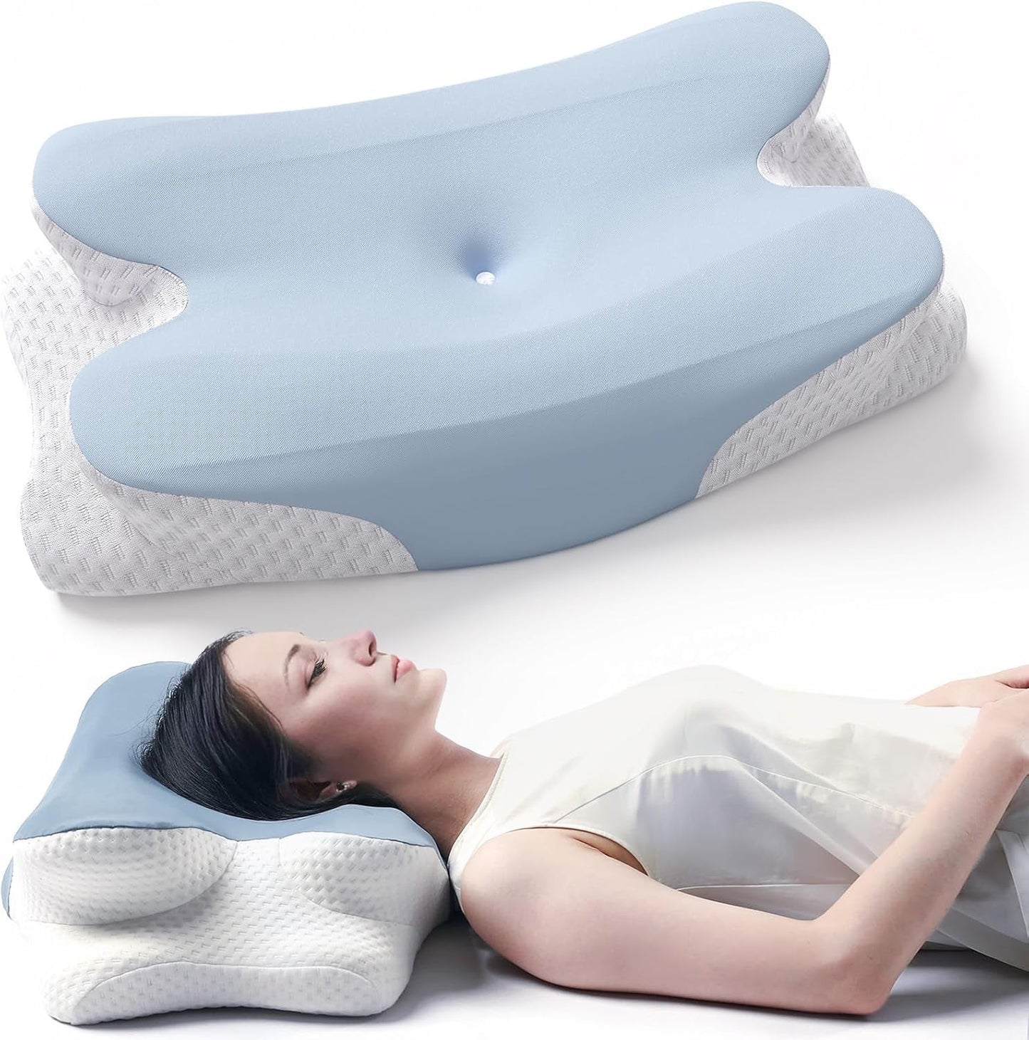 RUMMY Ergonomisches Memory-Schaum-Nackenstützkissen mit abnehmbarem, waschbarem Bezug für Seiten- und Bauchschläfer (grau). Orthopädische Halskissen von Naty Shop, Blau