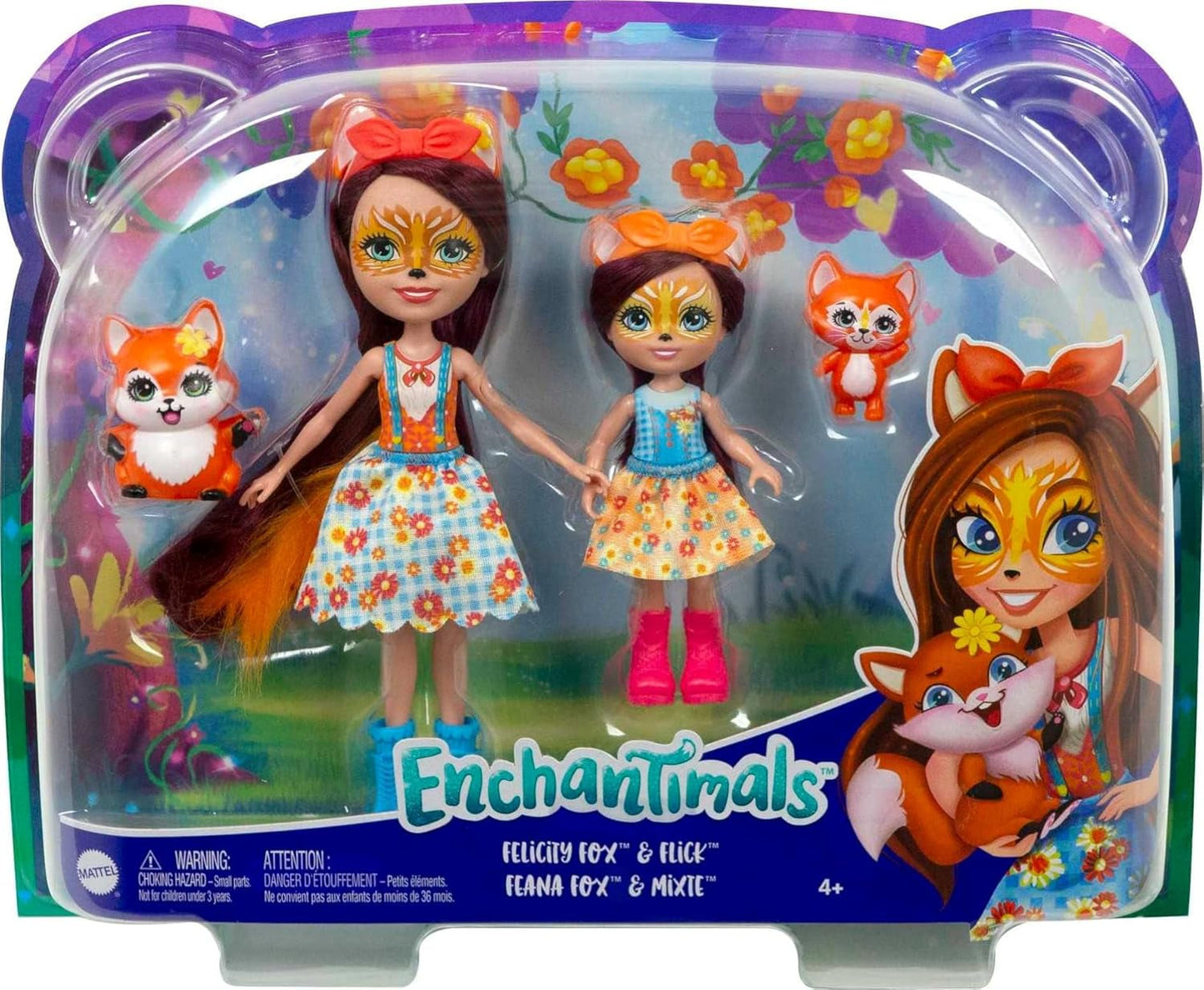 Enchantimals HCF81 – Felicity Fox und ihre kleine Schwester (ca. 15 cm und ca. 10 cm) und 2 Tierfiguren, abnehmbarer Rock und Accessoires, tolles Geschenk für Kinder ab 3 Jahren