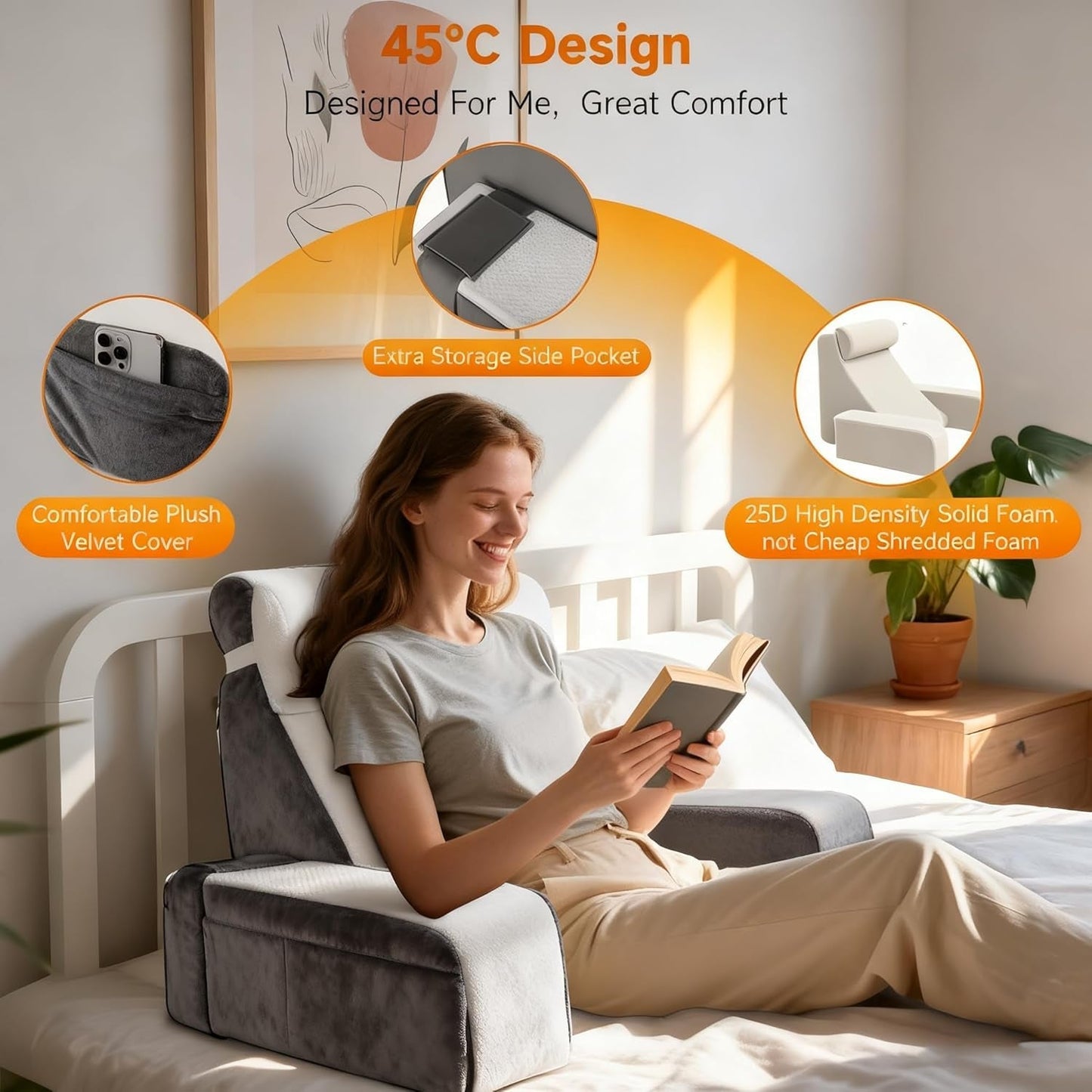 Großes Lesekissen mit abnehmbarer Nackenstütze und Armlehnen, Rückenkissen fürs Bett, ergonomisches Rückenkissen mit Armlehne, Tasche und waschbarem Bezug zum Lesen und Fernsehen.