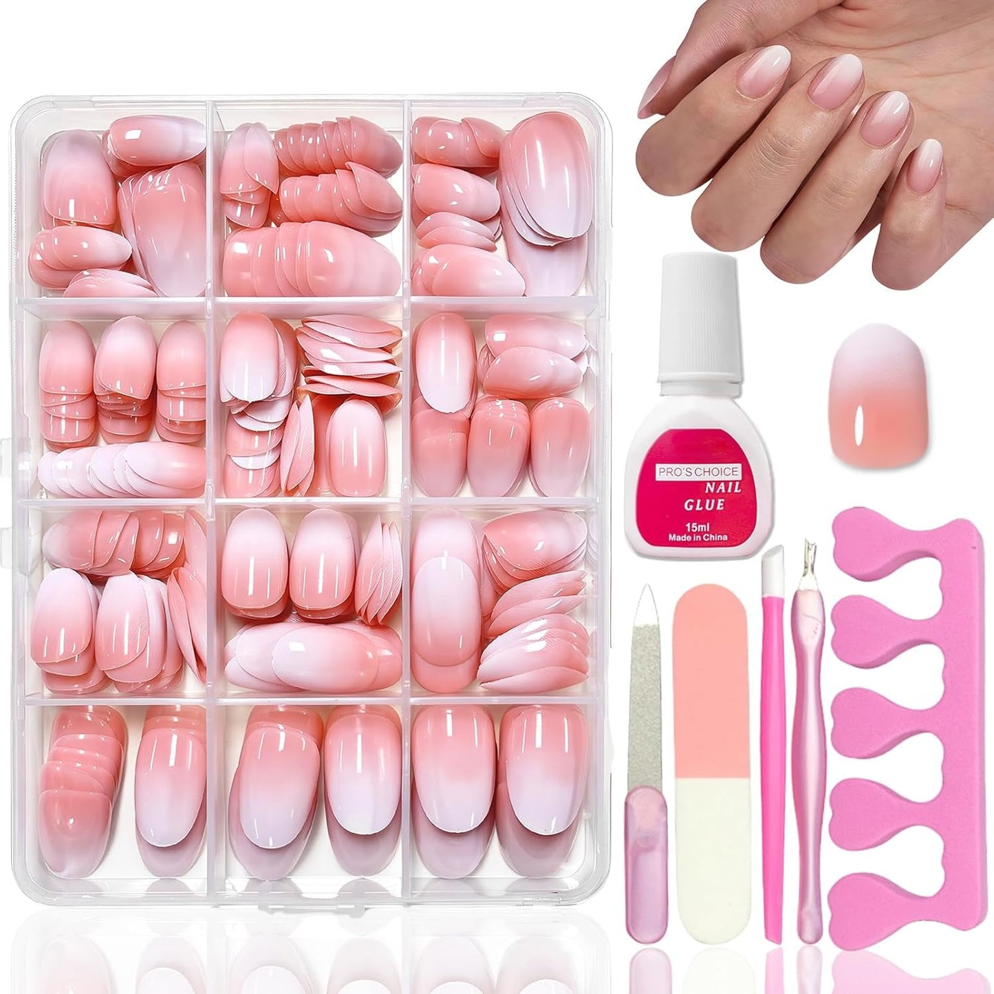 360-teiliges Kunstnägel-Set – Kurze Kunstnägel in Nude-Rosa-Weiß mit Farbverlauf – Quadratische Kunstnägel zum Aufkleben – Vollflächige, glänzende, selbstklebende Nägel für Frauen und Mädchen (quadratisch)