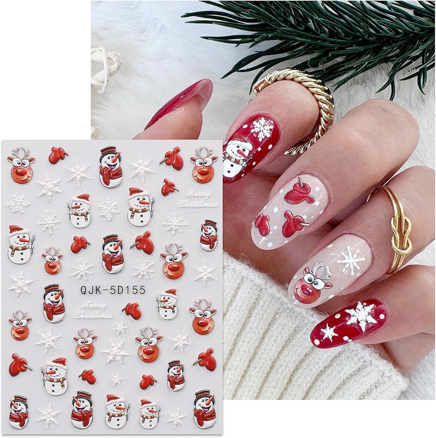 JMEOWIO 3D Nagelsticker Weihnachten Nail Art Sticker Selbstklebend Nagelaufkleber 5D Stereoskopisch Schneeflocke Xmas Winterurlaub Niedliche Dekoration Nageldesign Zubehör 4 Blatt