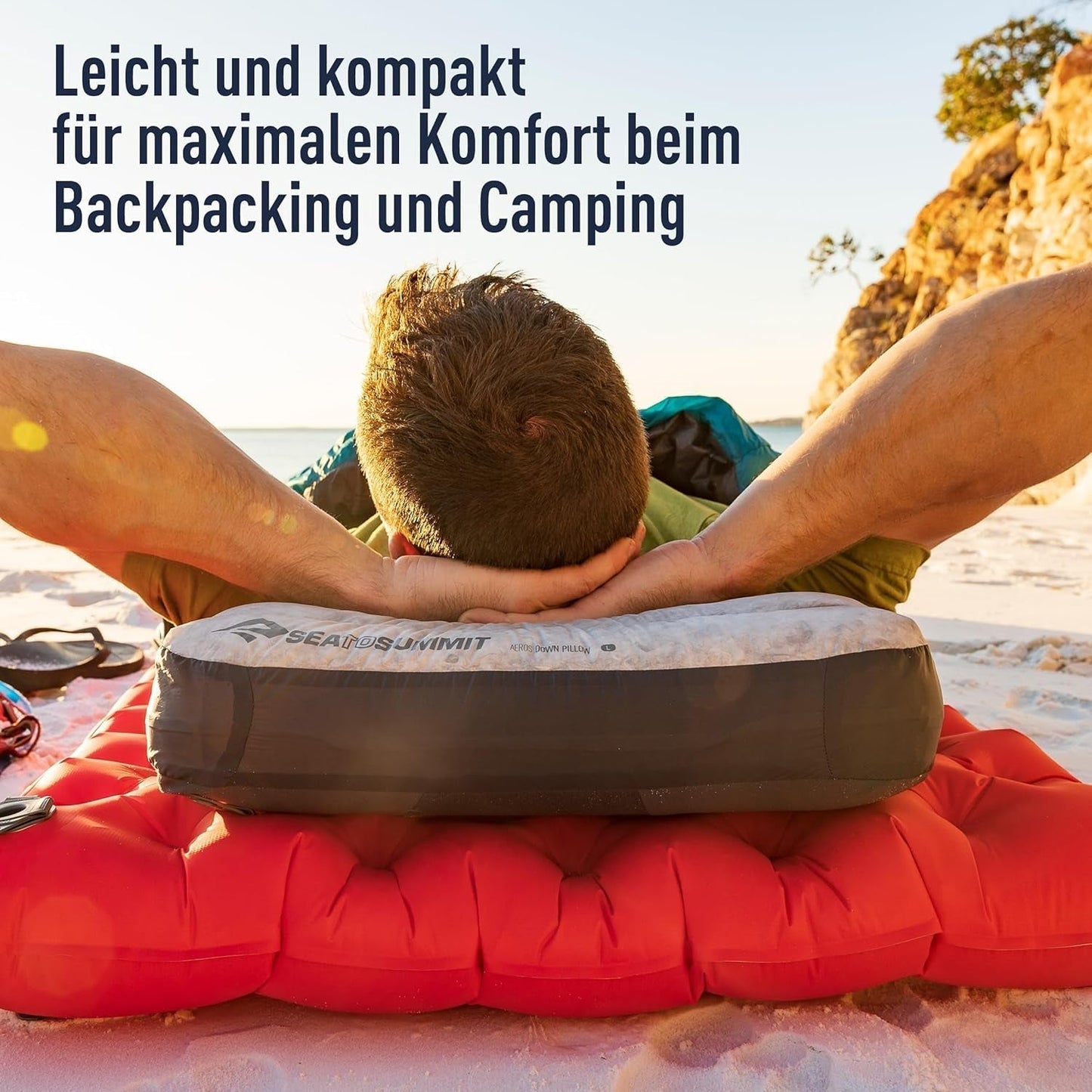 Sea to Summit – Eros Daunen-Reisekissen L – Ultraleicht und aufblasbar – 10D-Material – Premium-Daunenkissen – rutschfest – zum Wandern und Camping – 42 x 28 x 12 cm – Grau – 95 g Naty Shop Reisekissen