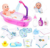 deAO Puppenbadewannen-Set, 33 cm große interaktive Puppe, Puppenbadewanne, Puppenspielset mit Schnuller, Puppenkleidung, Bademantel, Puppenwindeln, Badewanne und funktionellem Duschspray