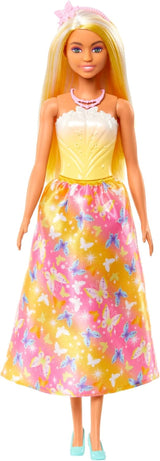 Königliche Barbie-Puppe mit ausgefallenem Haar mit bunten Strähnen, bunten Accessoires, gelbem Oberteil mit Farbverlauf und Schmetterlingsrock, HRR09 Naty Shop Dolls