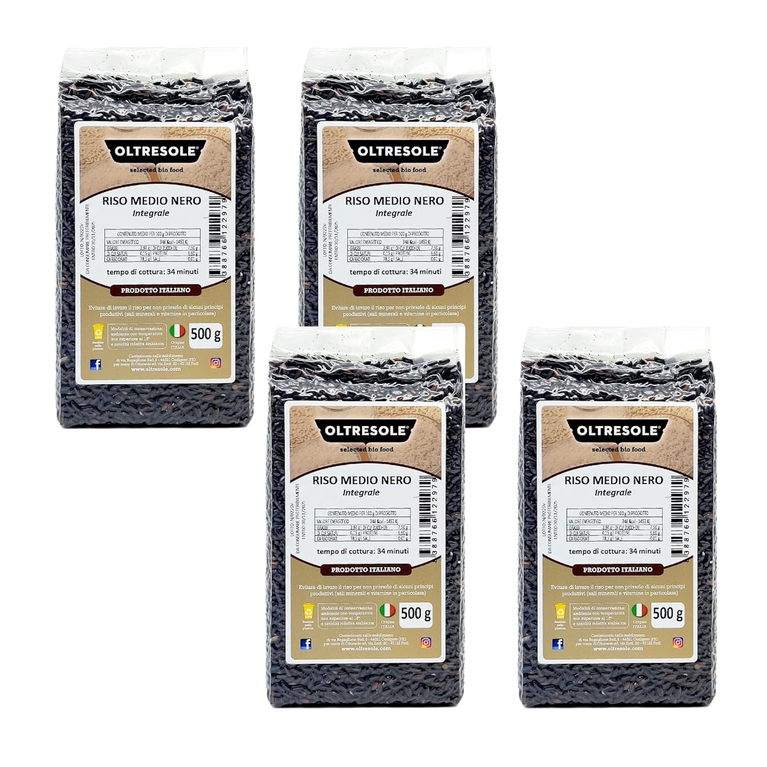 Italienischer Vollkornreis, unraffinierter Reis mit hohem Ballaststoffgehalt, ideal für kreative Reissalate und gesunde Gerichte, vakuumverpackt, 4 Packungen x 500 g