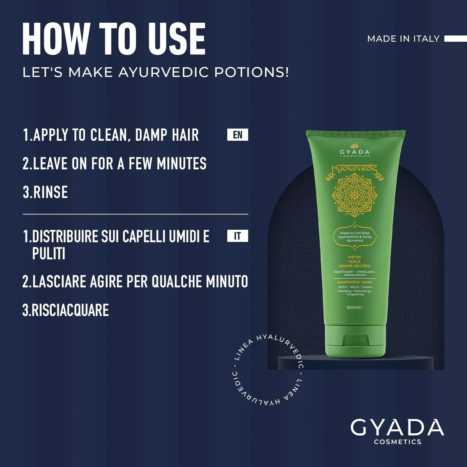GYADA COSMETICS, Hyalurvedisch stärkende ayurvedische Kompresse, professionelle Behandlung für feines und schwaches Haar, Anti-Frizz mit Methi, Maca, neutralem Henna, 200 ml Naty Shop Haarmaske