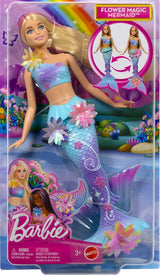Barbie Meerjungfrauen-Spielzeug Puppe mit magischer Überraschungs Blüte, Schwanzflosse mit Farbverlauf, perlenbesetzten Haarreif und langem blonden Haar mit rosa Strehchen, JDM72