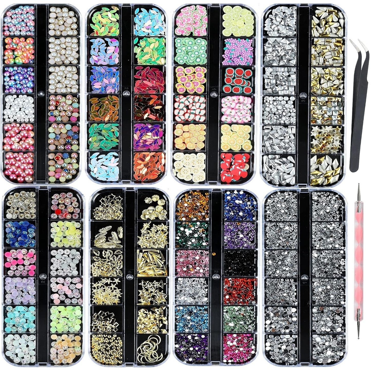 8 Boxen Nail Art Strass Kit - Nail Art Gemischt Strass Set, Nagel Kunst Strasssteine ​​​​Gems Perlen Edelsteine ​​​​Bunt Pferdeaugen Strass Für Nageldesign Zubehör Mit 1 Pinzetten Und 1 Strass Picker Für DIY