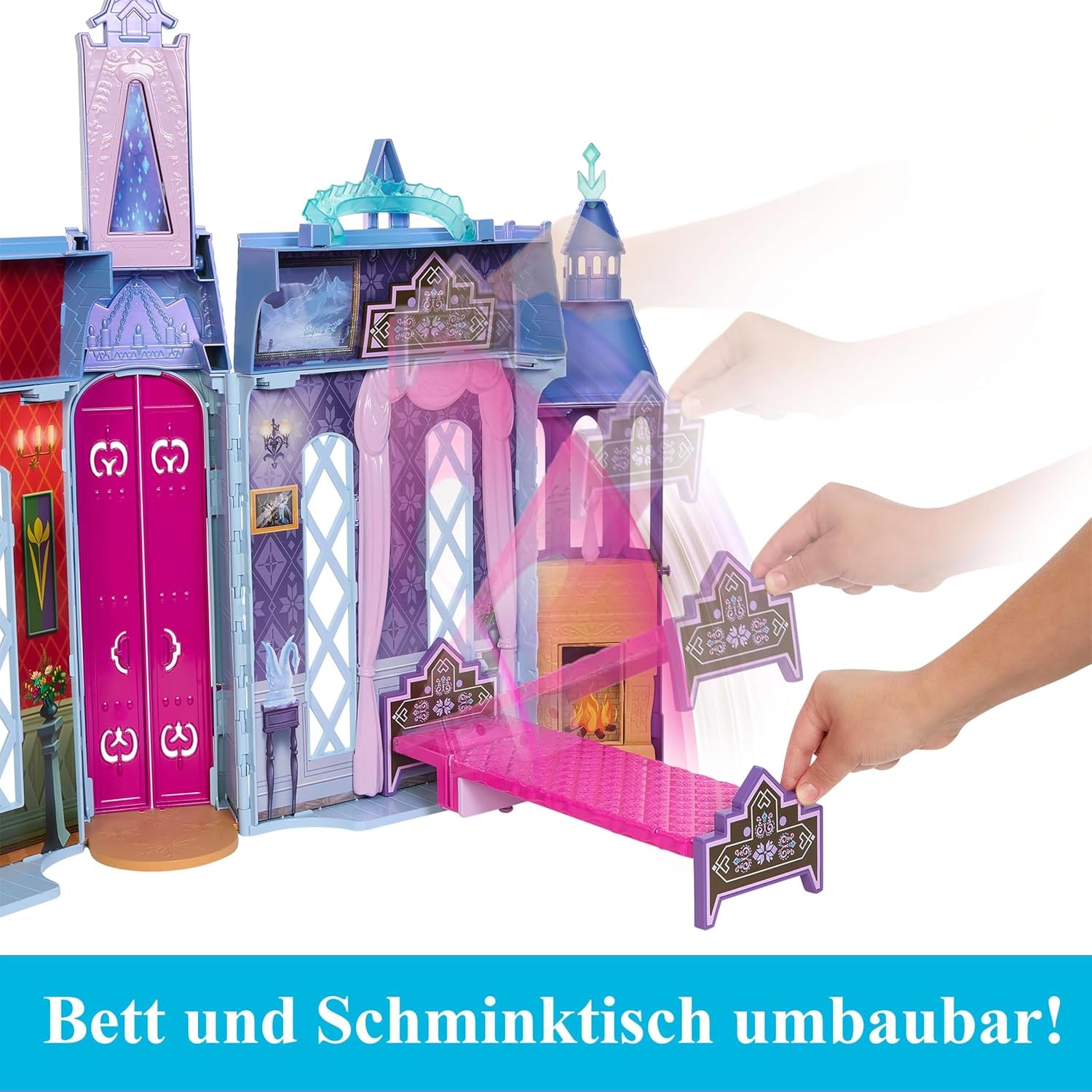 Mattel Disney Frozen – Castle Arendelle Puppenhaus (60 cm+) mit Elsa-Puppe, 4 Spielplätzen und 15 Stück Disney Frozen II Möbeln und Zubehör, HLW61