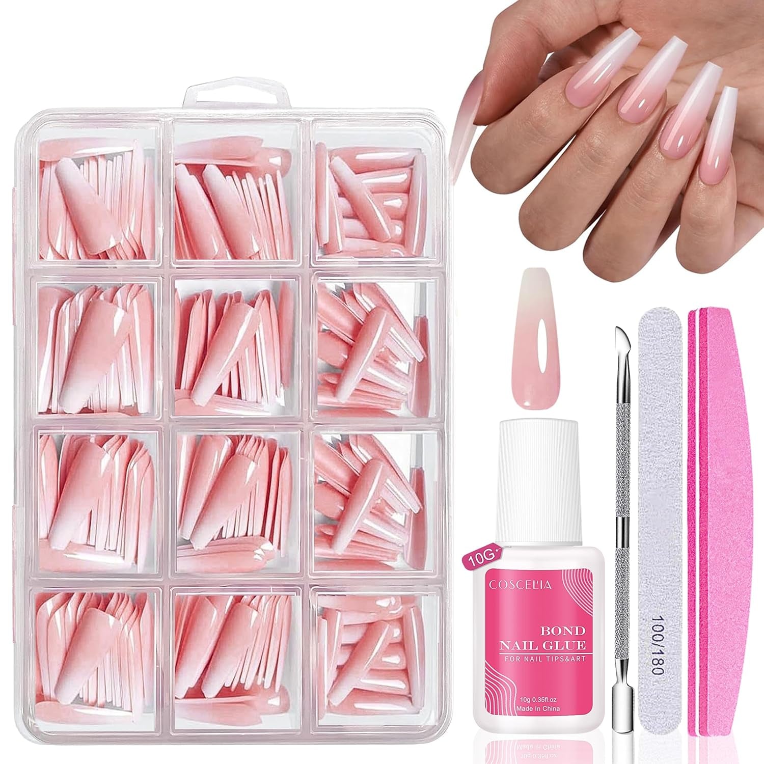 Künstliche Nägel-Set – 240-teilig, zum Aufkleben, französische Kunstnägel – rosa-weißes Farbverlaufsdesign, künstliche Nägel, vollständige Abdeckung, weiches Gel, natürlich und angenehm zu tragen (Rosa Mandel)