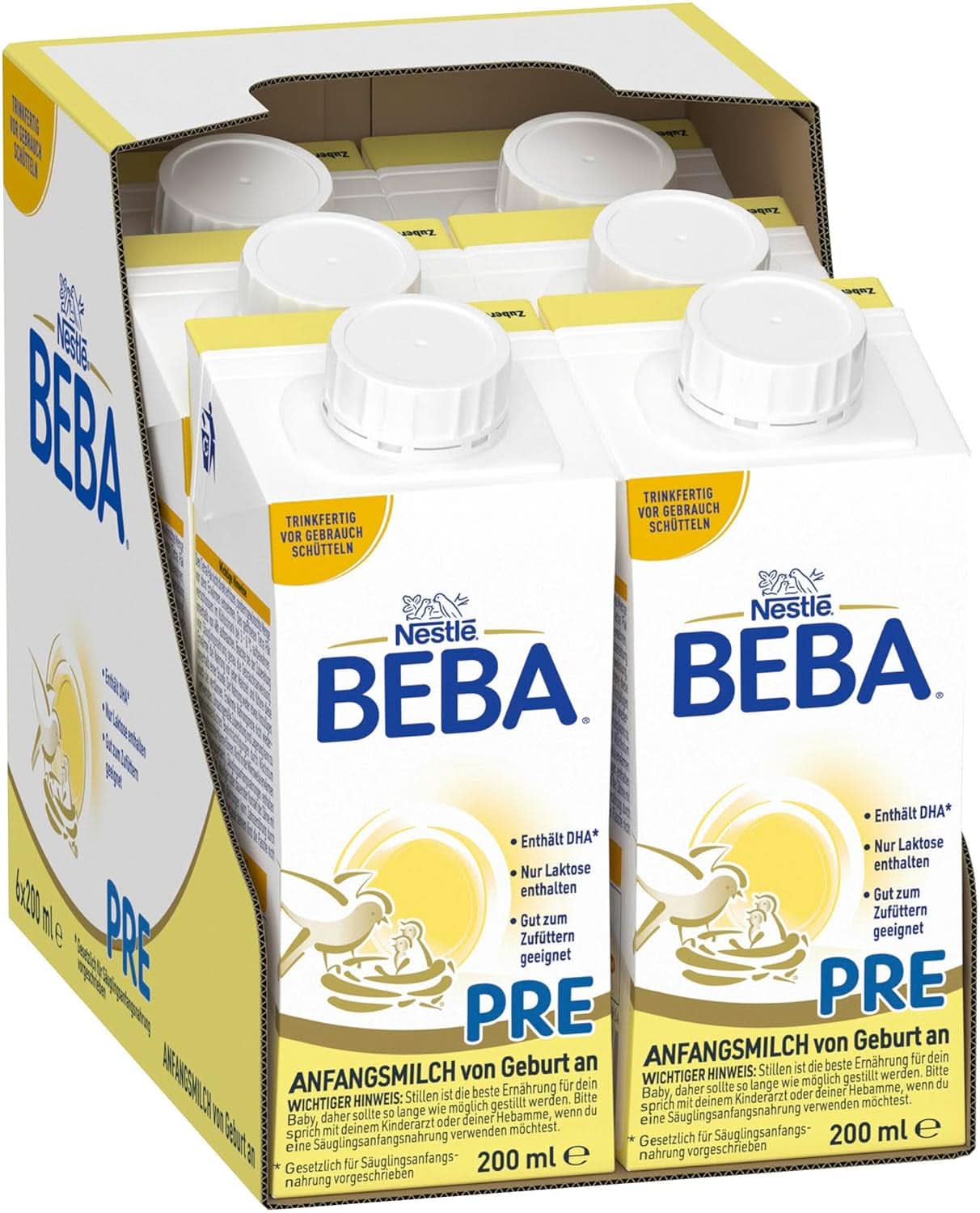 BEBA PRE Anfangsmilch ab der Geburt, Babynahrung mit DHA, nur Laktose, ohne Palmöl, Packung 3 (3 x 800 g) Naty Shop PRE, Set 6 x 200 ml 6 x 200 ml