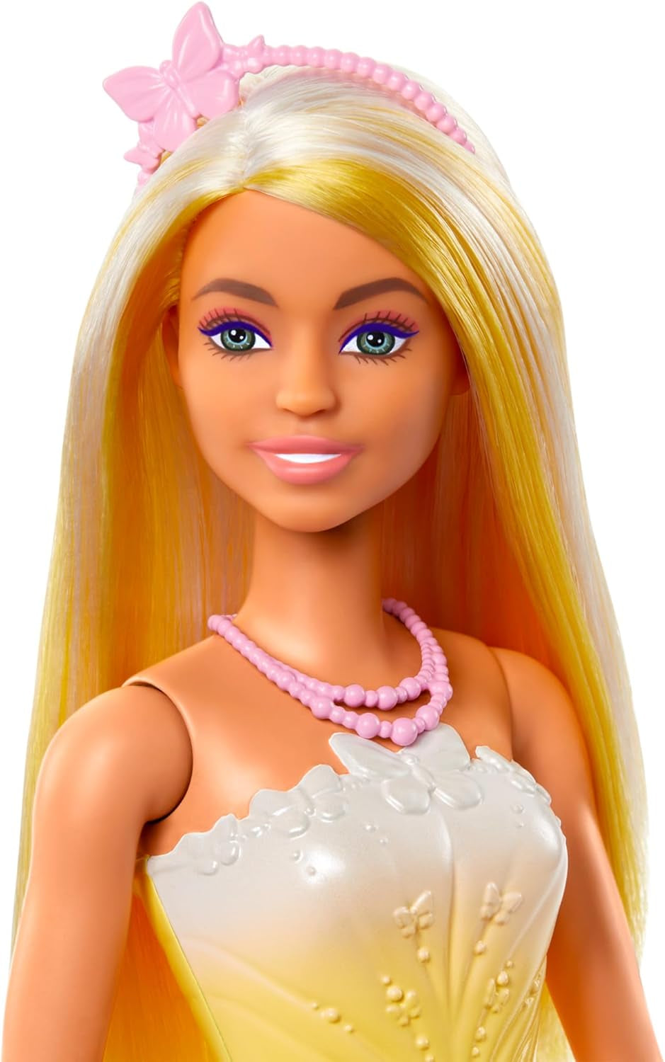Königliche Barbie-Puppe mit ausgefallenem Haar mit bunten Strähnen, bunten Accessoires, gelbem Oberteil mit Farbverlauf und Schmetterlingsrock, HRR09 Naty Shop Dolls