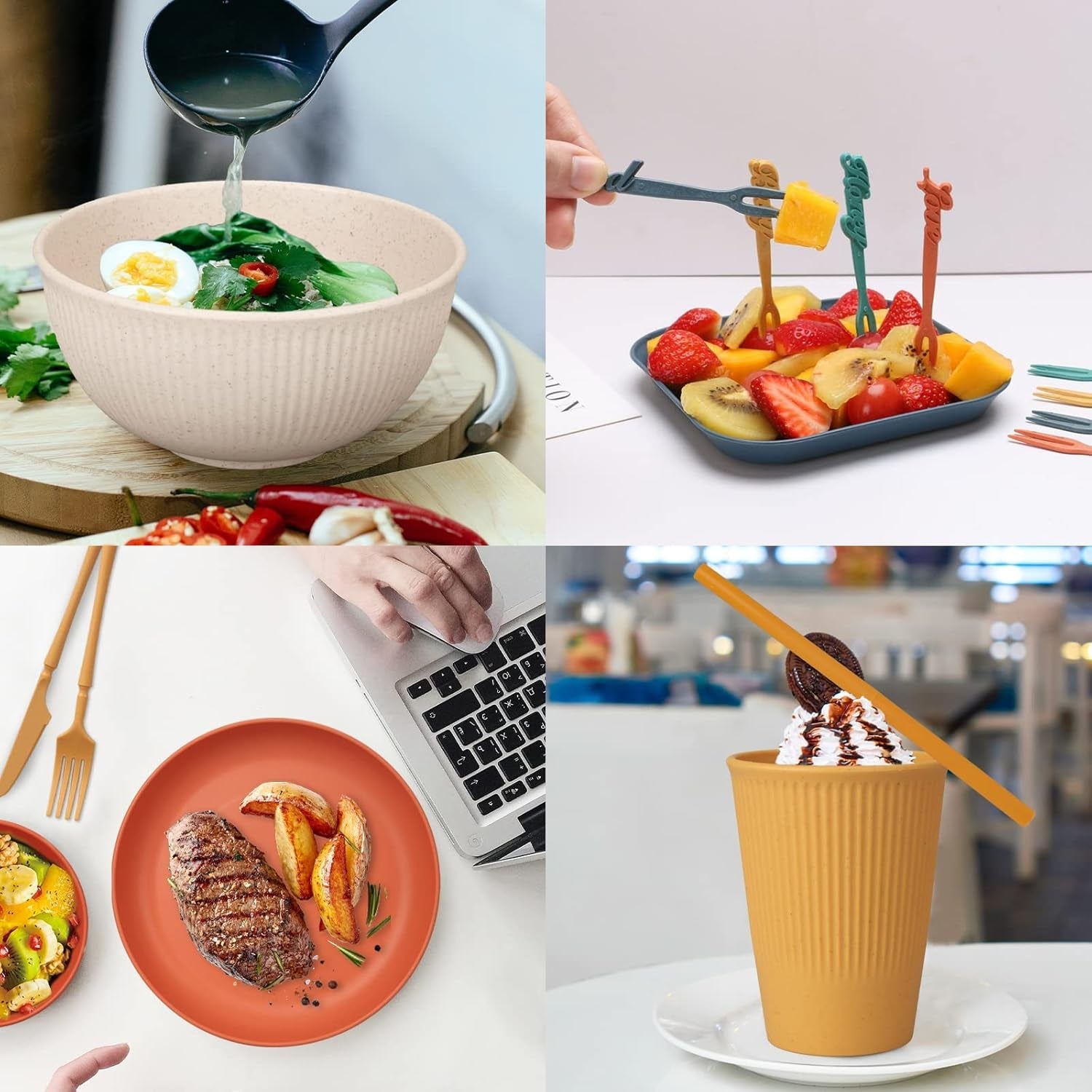 Unzerstörbares 6-Personen-Besteckset, Campingbesteck-Set, 66-teilig, Kunststoff-Picknickbesteck-Sets, leichtes, buntes BBQ-Kunststoff-Servierteller, Schüsseln, Besteck-Set