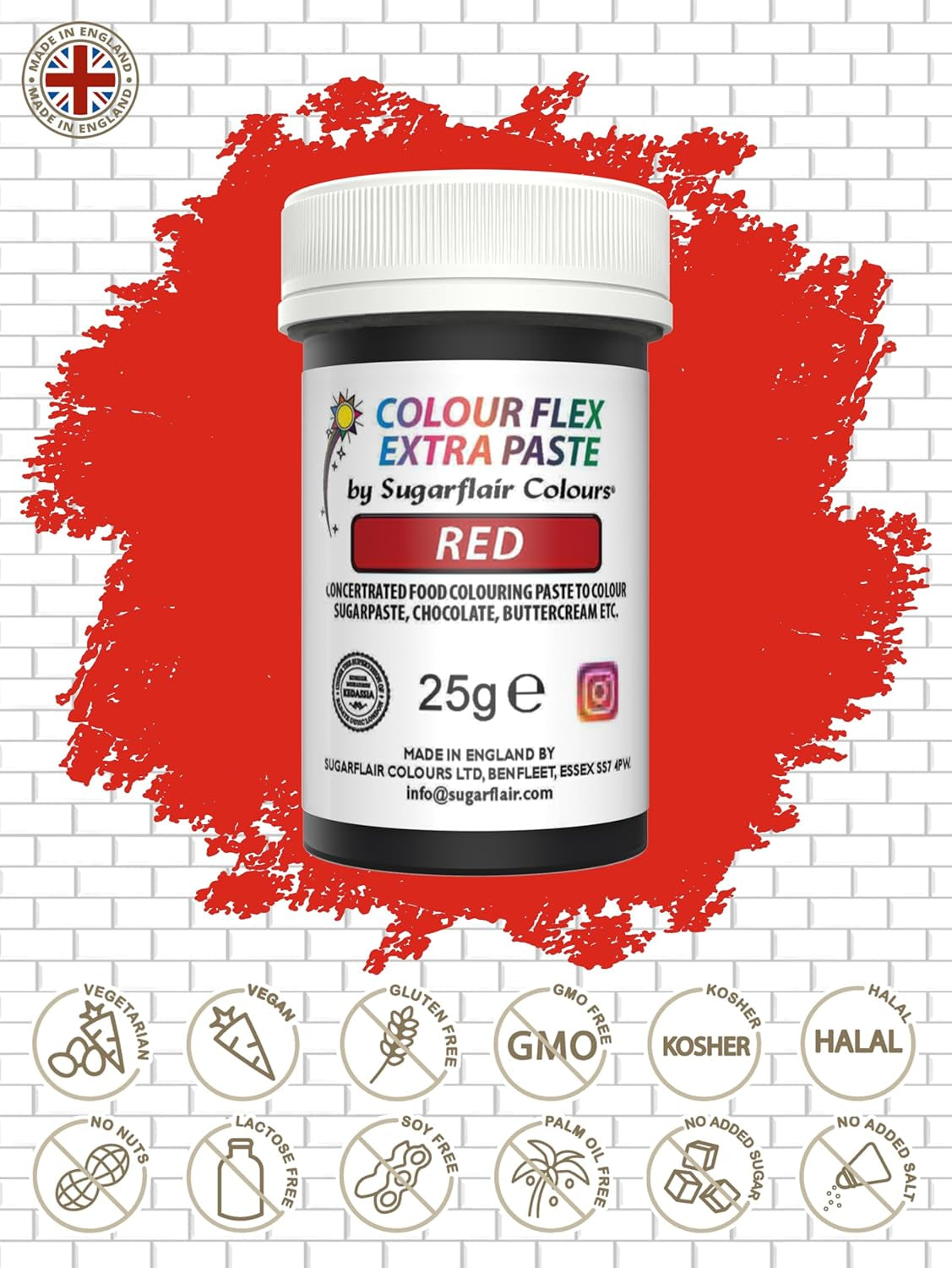Sugarflair Colourflex Extra Paste Lebensmittelfarbe, rot – Essbare Lebensmittelfarbe für Buttercreme, Schokolade, Zuckerpaste, Zuckerguss, Fondant, Kuchenmischungen, Teig und mehr – 25 g