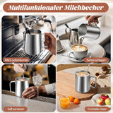 Milchbecher, 350 ml, Milchbecher aus Edelstahl mit Messmarkierung, Barista-Zubehör, Milchbecher für Cappuccino, Espresso, Latte Art, Kaffeeliebhaber, Silber, 355 ml