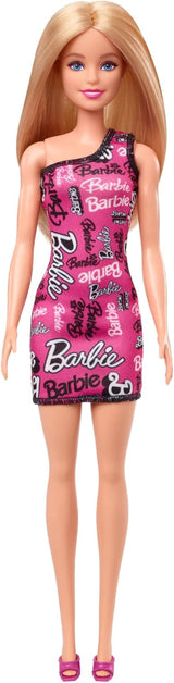 Barbie-Modepuppe mit glattem blonden Haar in rosa One-Shoulder-Stretchkleid und Schuhen mit Logo-Aufdruck HRH07 Naty Shop Dolls