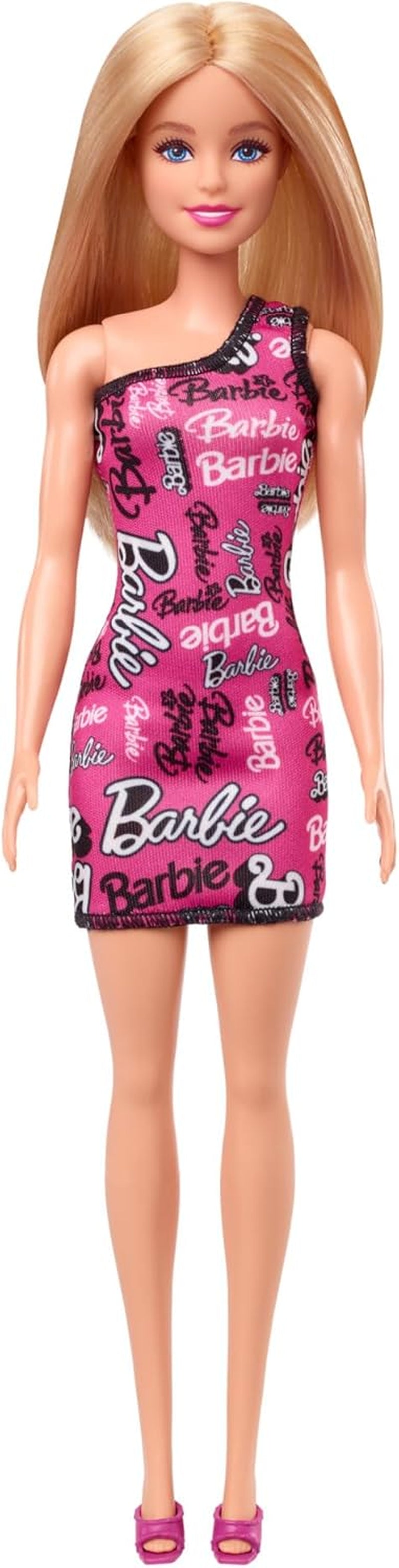 Modische Barbie-Puppe mit glattem blonden Haar in einem rosa abnehmbaren One-Shoulder-Kleid und Schuhen mit aufgedrucktem Logo, HRH07