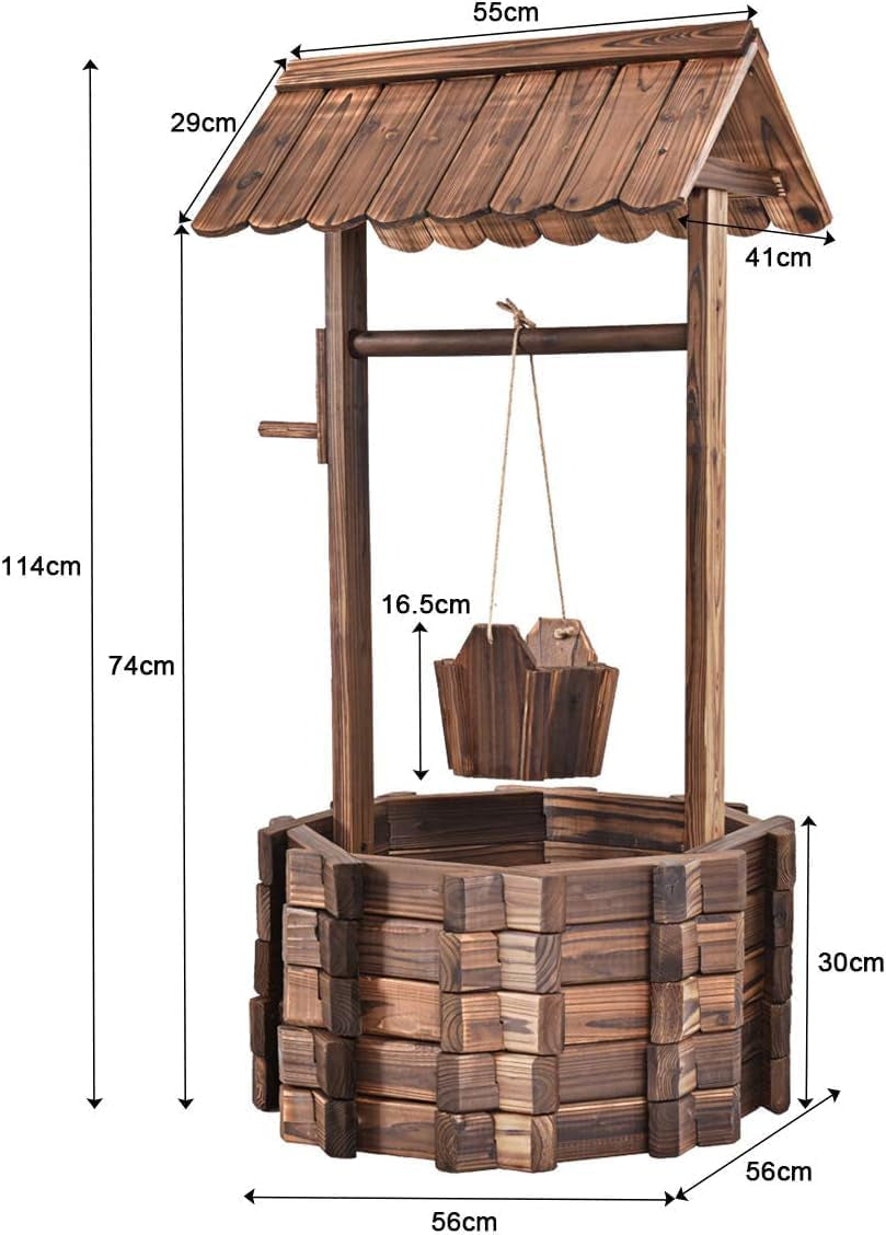 Holzbrunnen 56x56x114cm mit Dach, Wunschbrunnen, Gartendekoration, Blumentöpfe, Dekobrunnen, Blumentöpfe, Braun