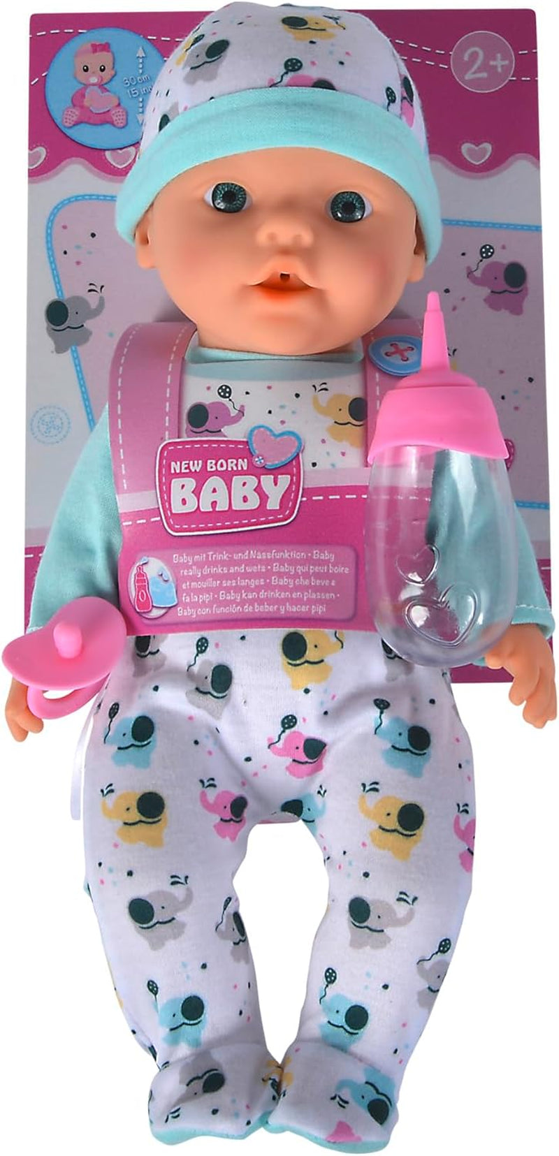 30 cm große Elefanten-Babypuppe aus Vinyl für Neugeborene mit Trink- und Tränkfunktion, Flasche und Schnuller, ab 2 Jahren