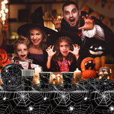 49-teiliges Halloween-Spinnen-Papierbesteckset mit Tellern, Servietten, Gläsern und Tischdecke. Schwarzes Geschirrset mit Desserttellern, Servietten und Gläsern.
