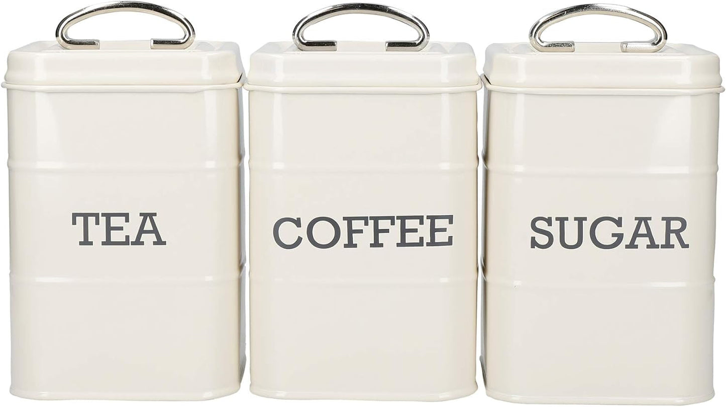 KitchenCraft Living Nostalgia 3er-Set Vorratsdosen für Tee, Zucker, Kaffee, Geschenkbox, Stahl, Antikcreme, 11 cm x 11 cm x 17 cm, Vintage-Blau, Aufbewahrungsboxen für Lebensmittel, Naty Shop Vintage-Blau