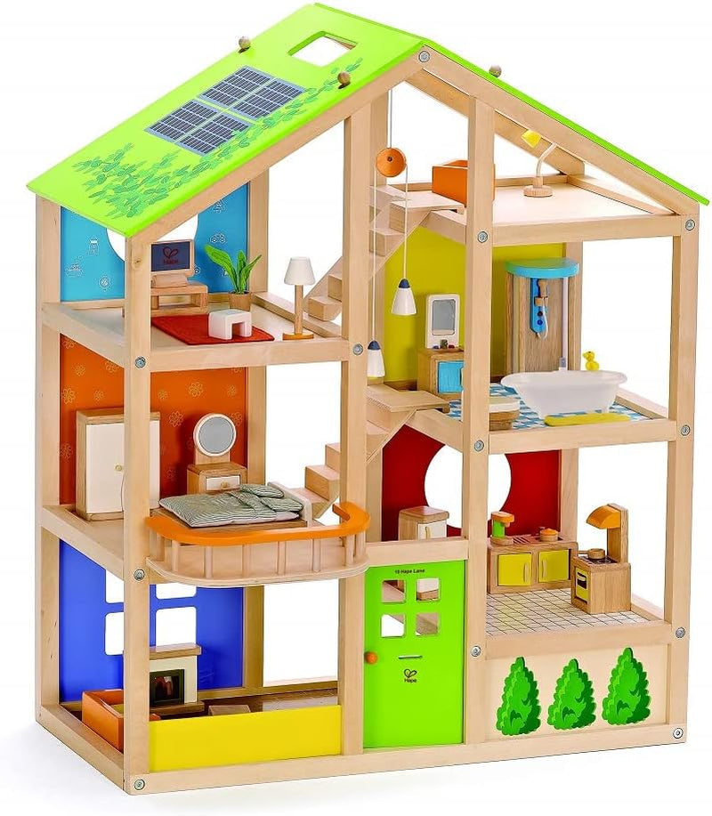 Hape E3401 Vier-Jahreszeiten-Haus, möbliert und E3500 – Puppenfamilie, helle Haut