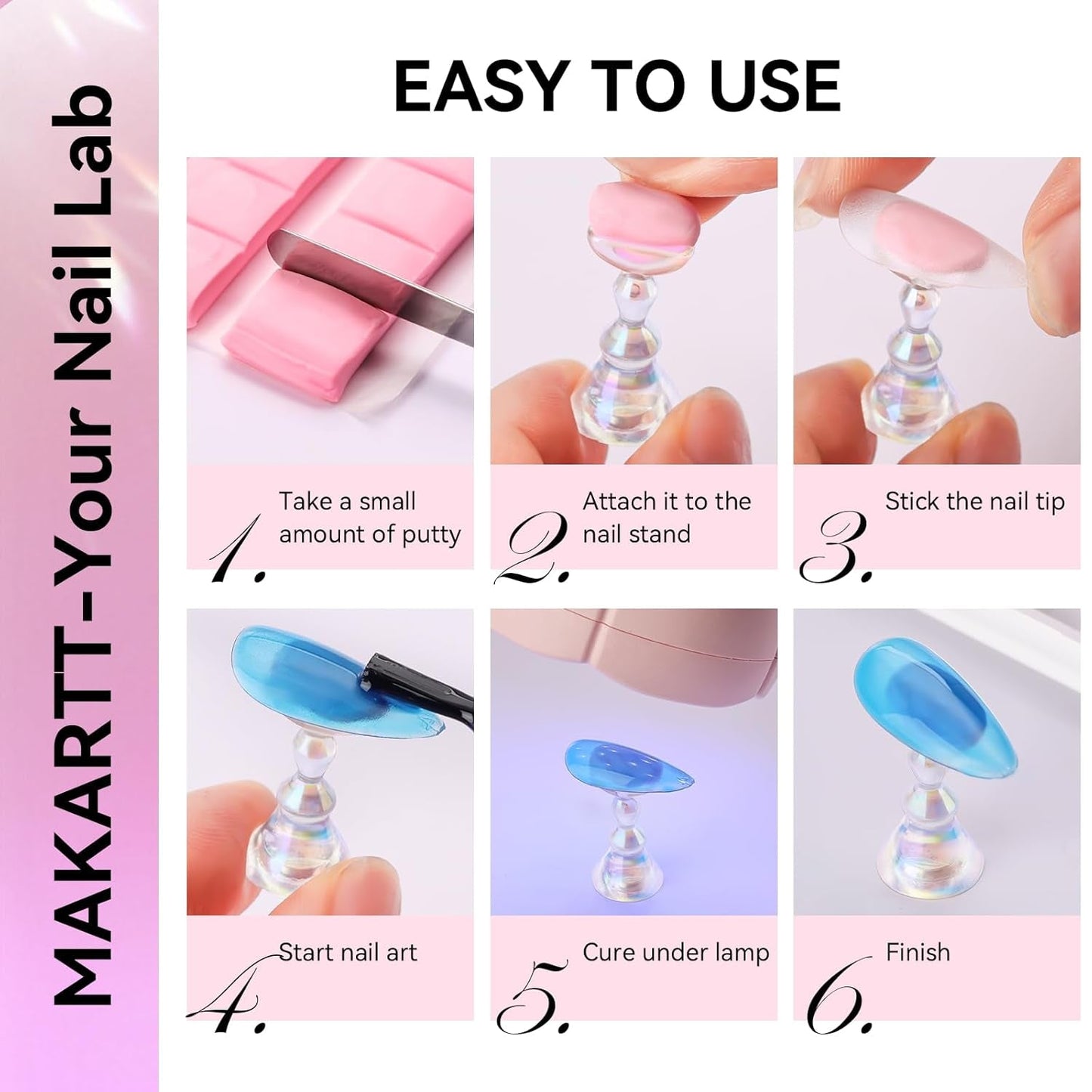 Makartt Acryl-Nagelhalter, magnetischer Nagelhalter, Nagelhalter, transparenter rosa Nagelhalter mit 48 Stück Klebemasse