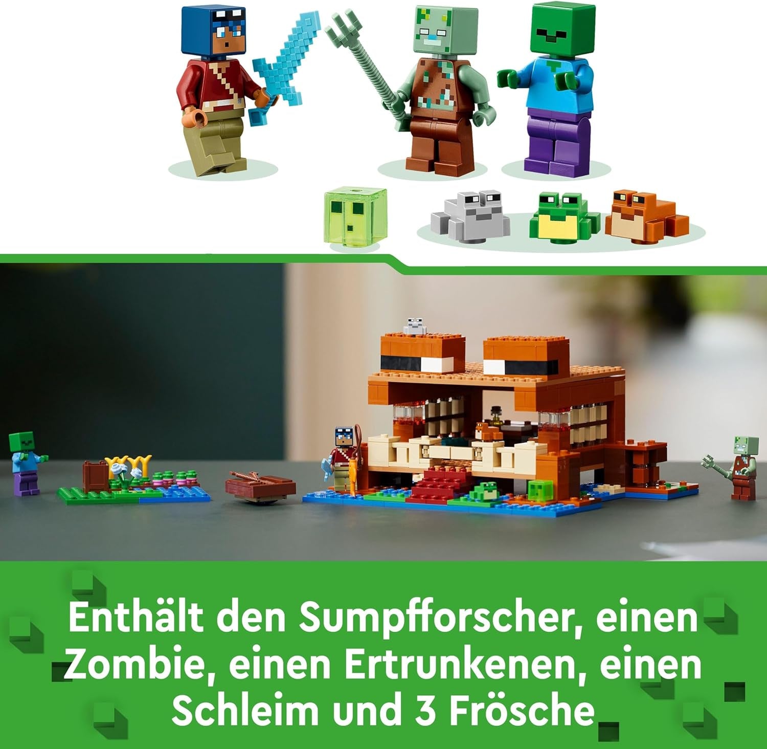 LEGO Minecraft Das Froschhaus, Spielzeughaus mit Figuren wie Zombie, Schleim und Ertrinkender, plus Zubehör wie Spielzeugboot und Werkbank, Geschenk für Jungen und Mädchen ab 8 Jahren 21256 Bausets Besuchen Sie den LEGO-Store