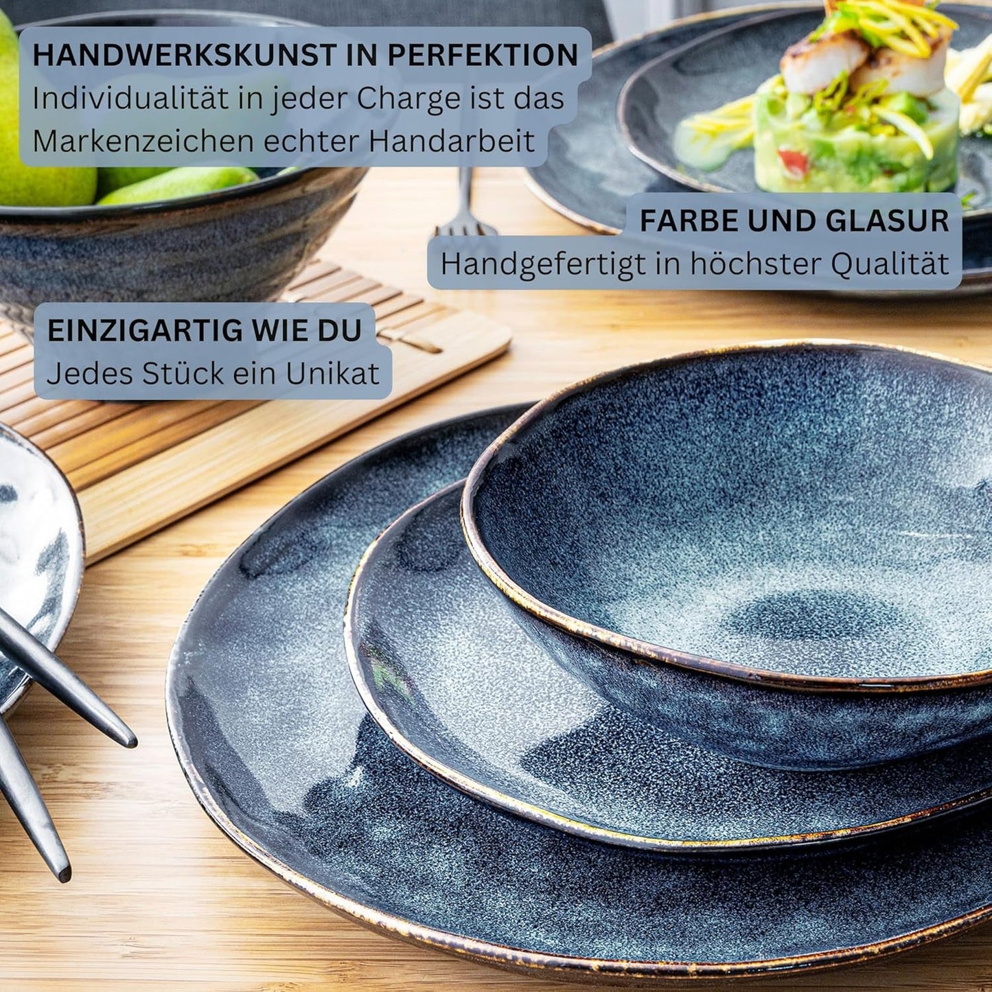 Sänger | Tokyo 36-teiliges Geschirrset, 12-Personen-Geschirrset aus Porzellan, modernes handgefertigtes dunkelblaues Geschirr mit schwarzen Akzenten | DIE PREMIUM-KOLLEKTION