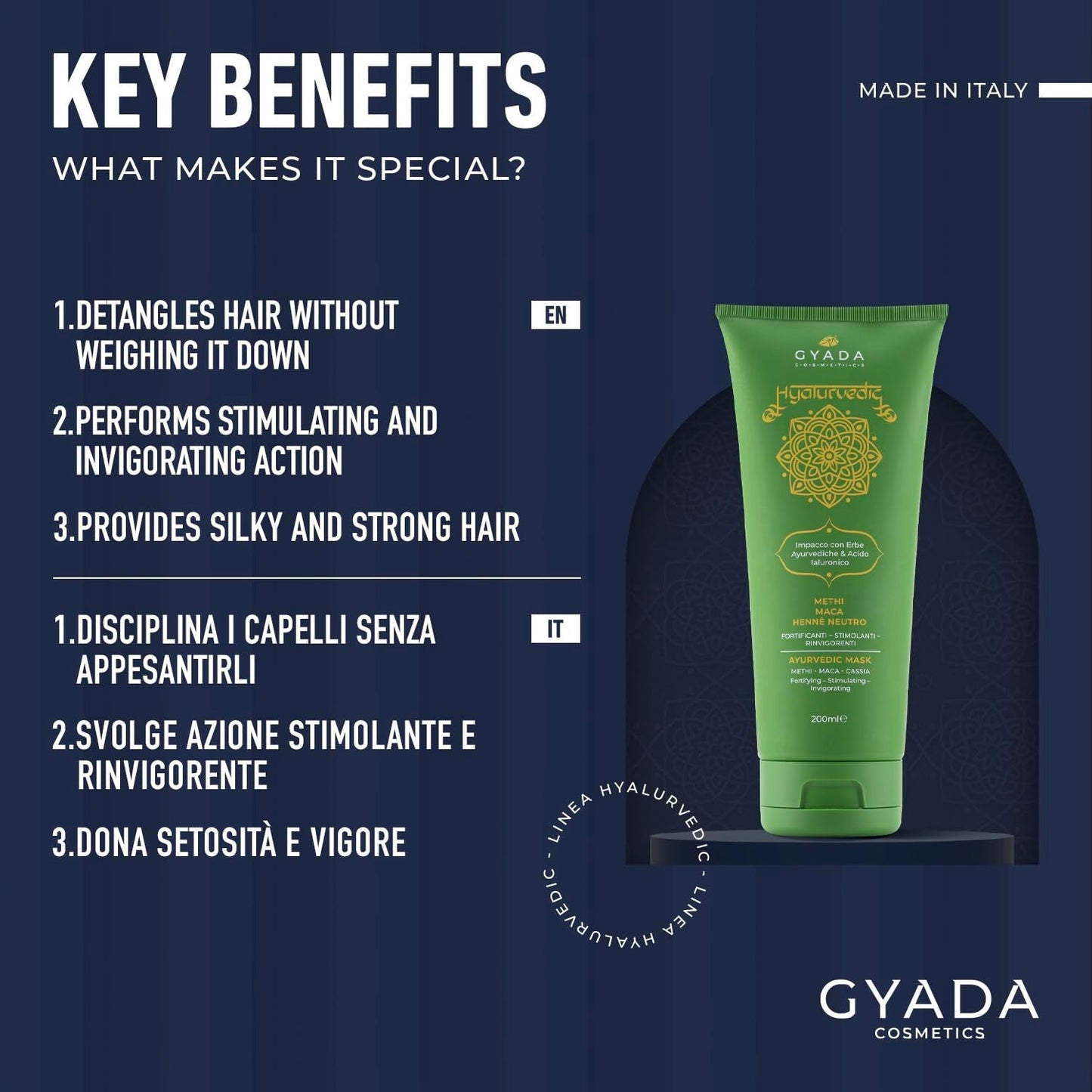 GYADA COSMETICS, Hyalurvedisch stärkende ayurvedische Kompresse, professionelle Behandlung für feines und schwaches Haar, Anti-Frizz mit Methi, Maca, neutralem Henna, 200 ml Naty Shop Haarmaske