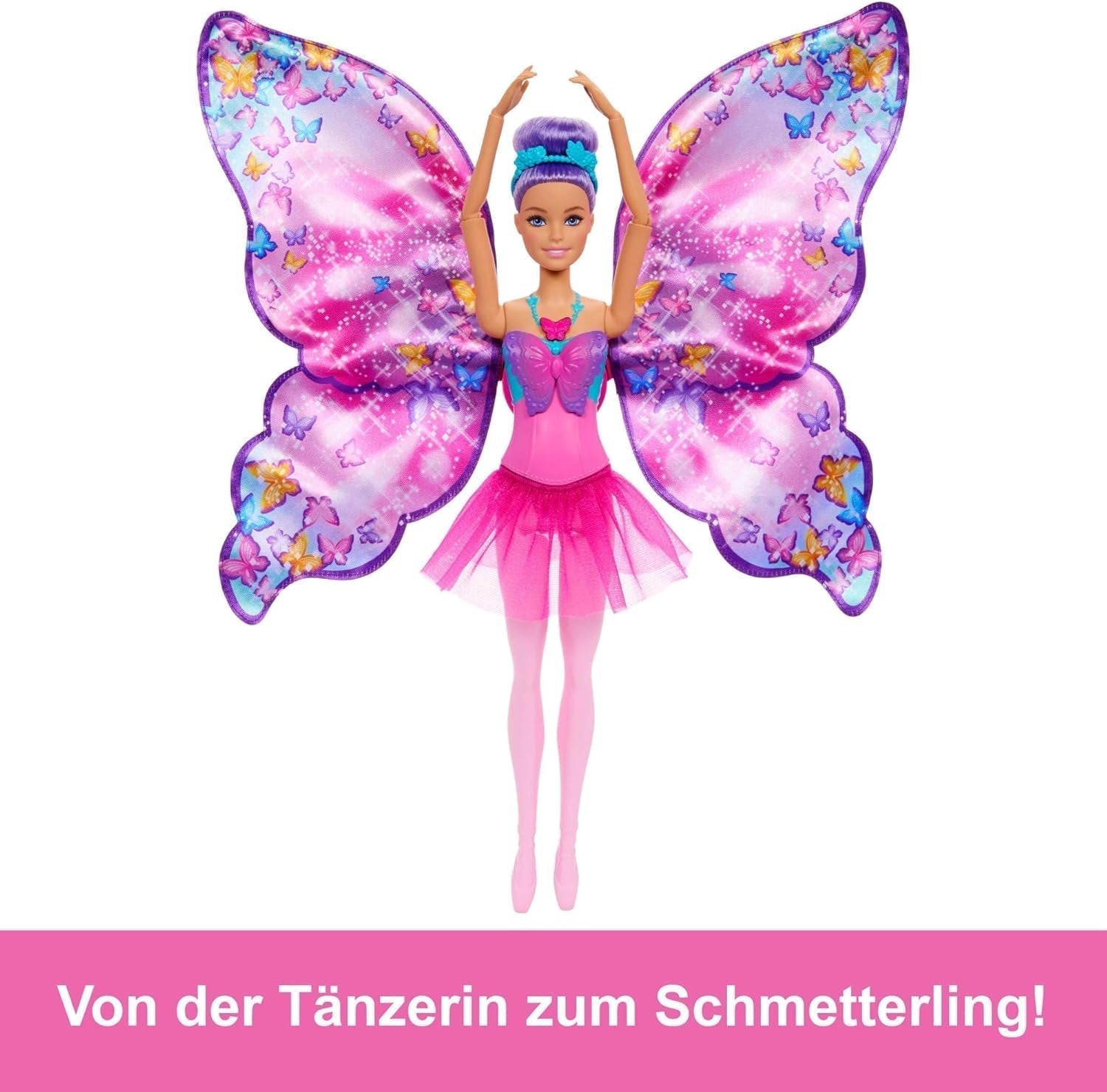 Barbie Dance And Flutter 2-in-1-Tänzerin-zu-Schmetterling-Verwandlungspuppe mit aufklappbaren Flügeln, lila Haaren, Haarschmuck und abnehmbarem Tutu, HXJ10 Naty Shop Dolls
