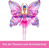 Barbie Tänzerin und Schmetterling 2-in-1 verwandelt Tänzerin in einen Schmetterling mit aufklappbaren Flügeln, lila Haaren, Haarschmuck und abnehmbarem Tutu, HXJ10