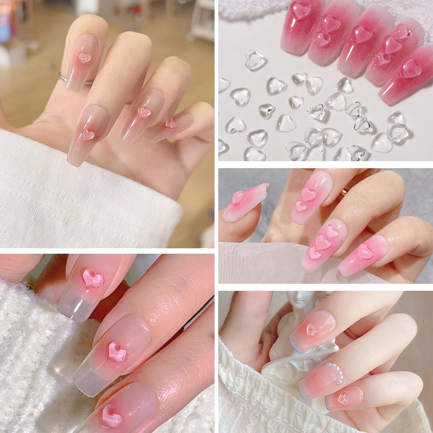 3D Herz Nail Art Charms, 320 Stück Niedliche Klar Acryl Herz Nagel Charms, Flatback Herz Nagel Strasssteine ​​4Mm 6Mm 8Mm Harz Nagelkunst Dekorationen für Frauen Mädchen DIY Maniküre Zubehör(4Mm 6Mm 8Mm)