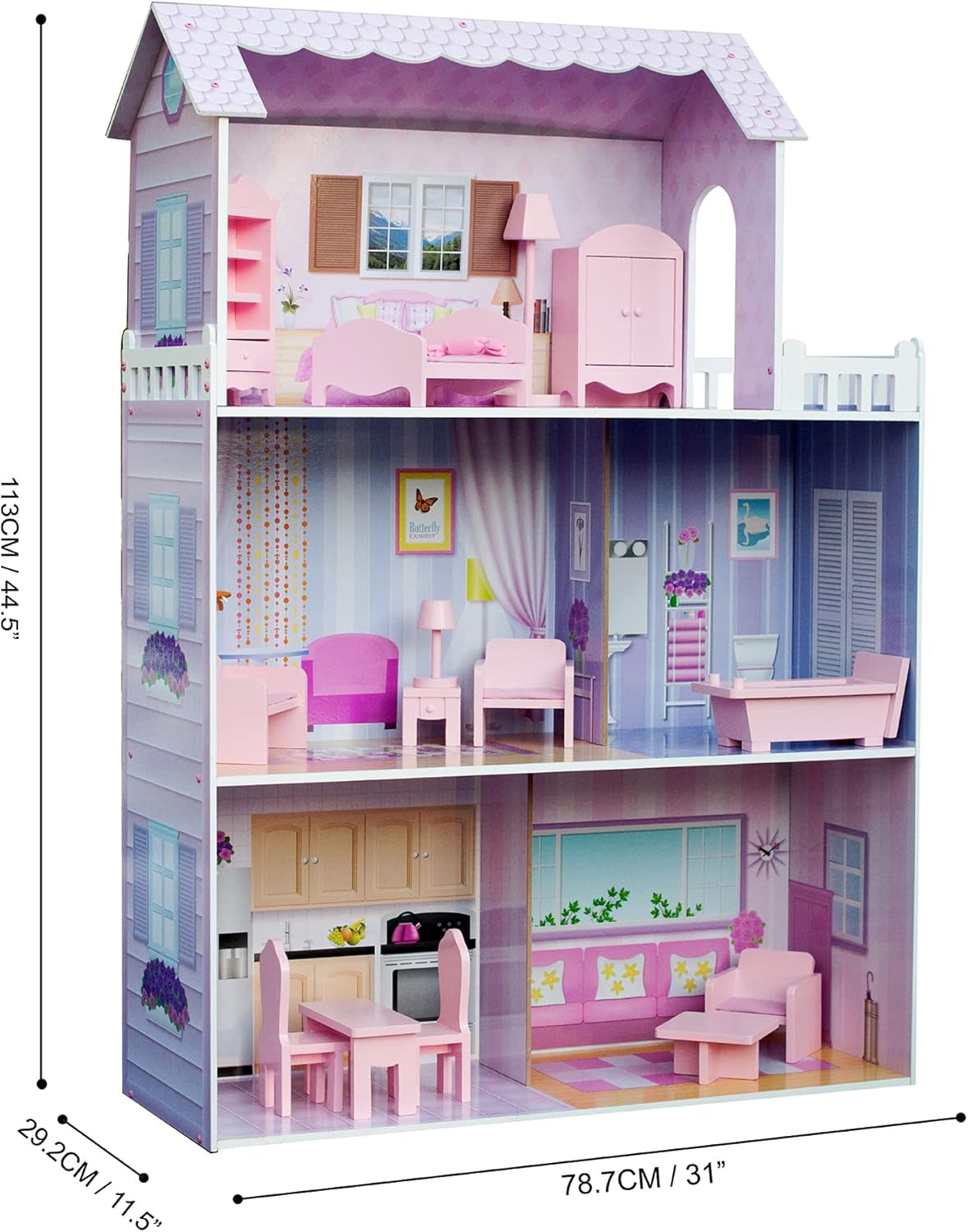 Olivia's Small World Riesenpuppenhaus, großes Puppenhaus aus Holz mit Möbeln und Zubehör, 3-stöckiges Puppenhaus für Kinder, Puppenhaus für 12-Zoll-Puppen, ab 3 Jahren Naty Shop Puppenhäuser