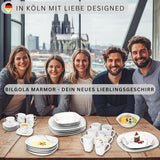 SANGER | Bilgola Marmor-Geschirr-Set, 36-teilig, für 6 Personen, mit Speisetellern, Desserttellern, Suma-Tellern, Müslischalen, Kaffeetellern und Porzellan-Untertassen, quadratisch | DIE PREMIUM-KOLLEKTION