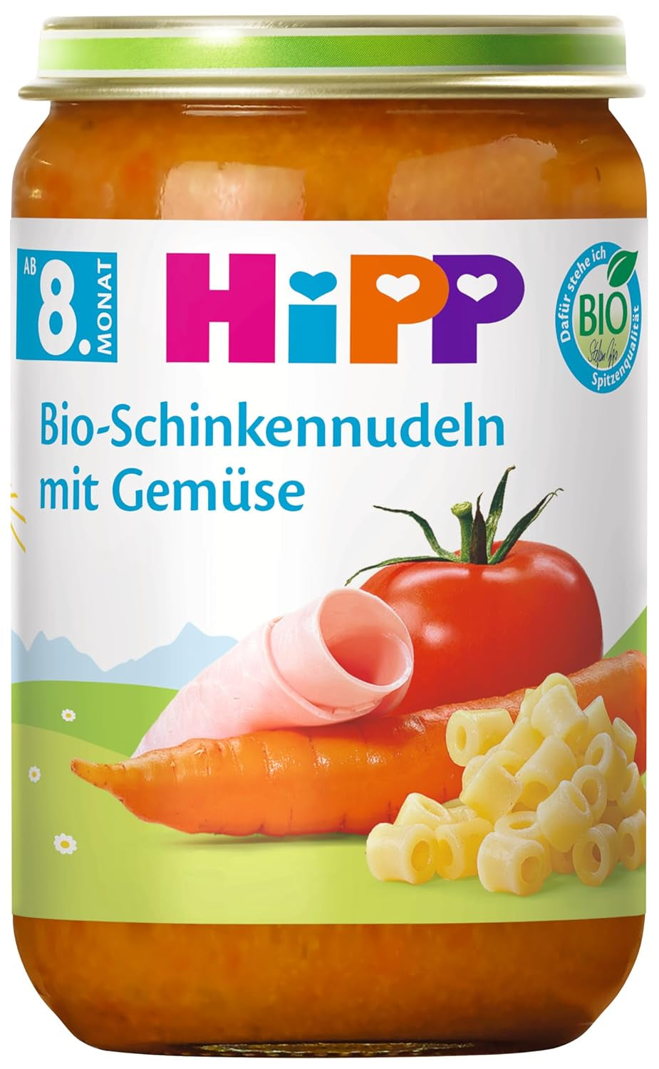 HiPP Bio-Schinkennudeln mit Gemüse (6 x 220g), Menü für Baby ab 8. Monat, ohne Salzzusatz, mit Omega-3, in bester Bio-Qualität
