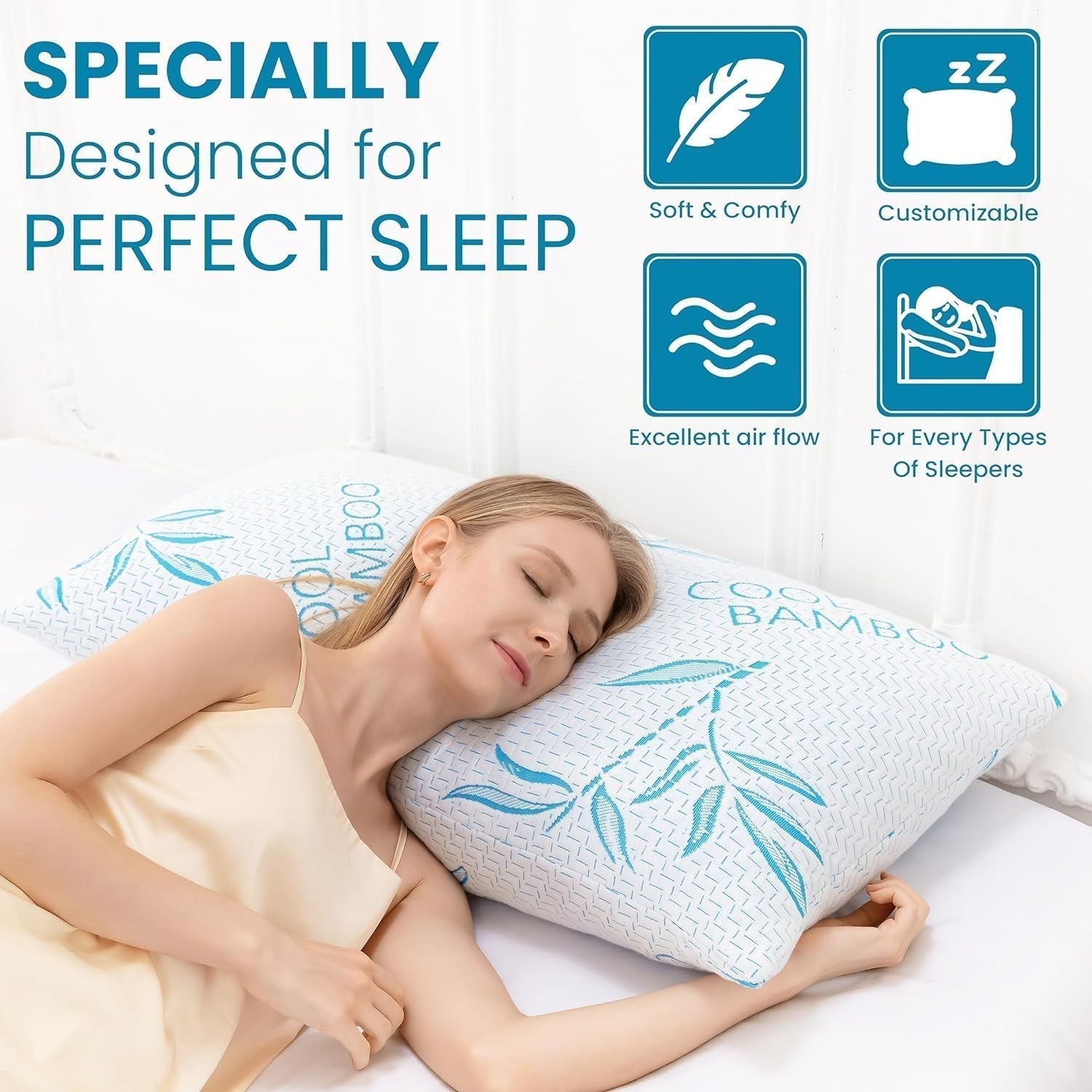 Comfysleep King-Size-Kissen aus Bambus-Viskose, kühlend, geschredderter Memory-Schaum, verstellbarer Bezug aus Bambus-Viskose, abnehmbarer/waschbarer Bezug, 2 Stück, Naty Shop Standard-Kissen