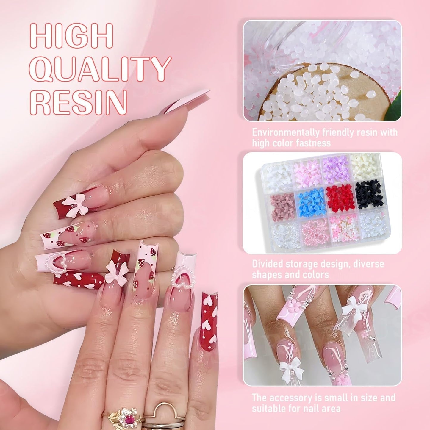 3D-Nagelkunst-Dekorationen, 1 Box Nail-Art-Anhänger, gemischter Stil, Blumen-Herz-Schleife, Nagelkunst-Anhänger, Harz-Nagelkunst-Dekorationen, für Nagelkunst-Dekorationen, DIY-Bastelzubehör